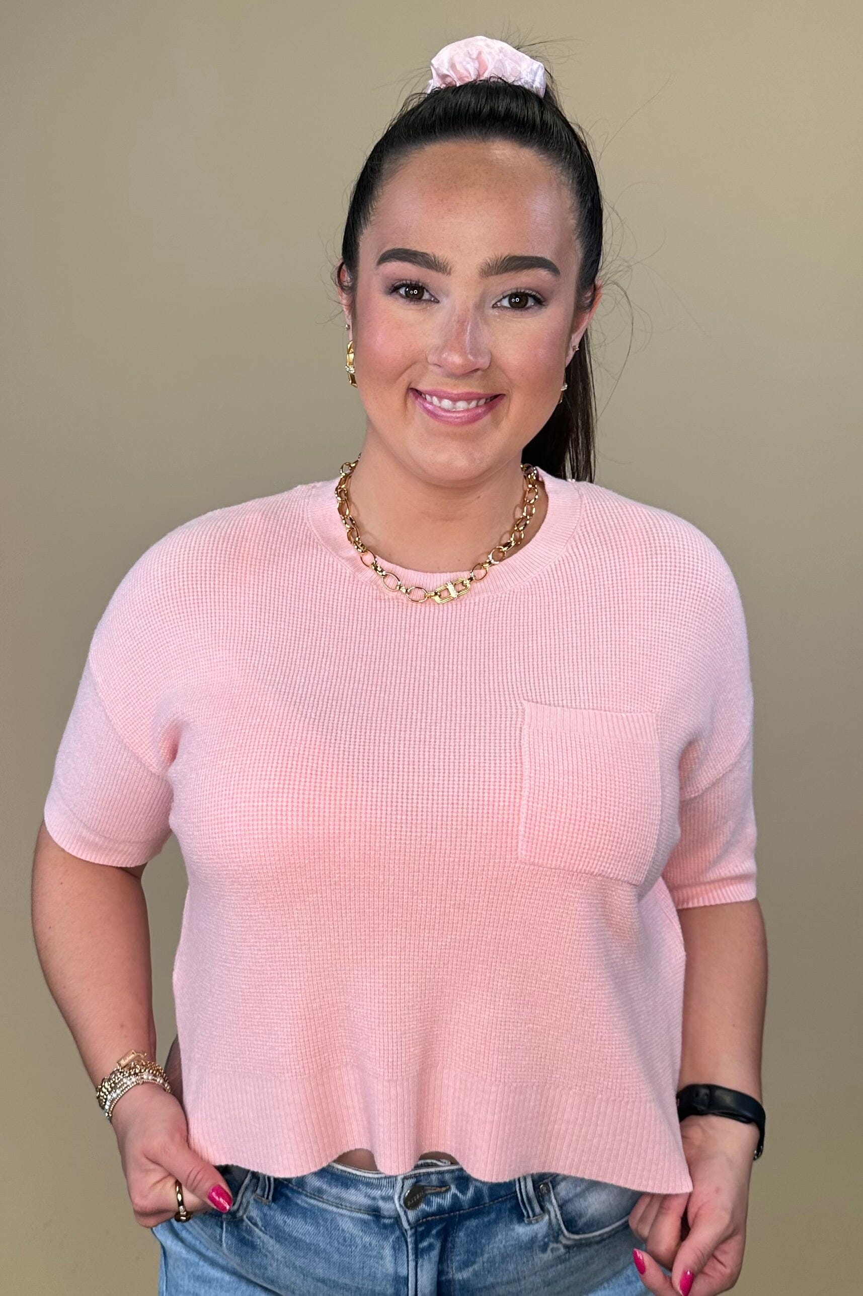 Short Sleeve Cropped Sweater w/Pocket JRTOP CASUAL TOP DREAMERS