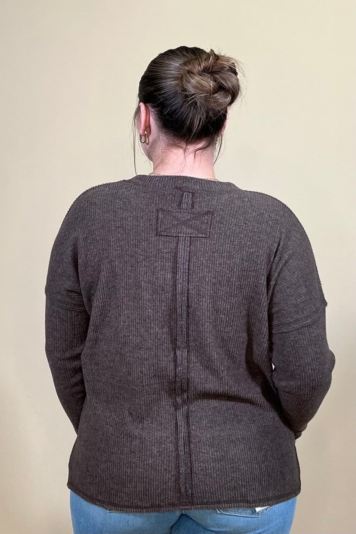 Ribbed Hacci Sweater w/ Pocket - Chocolate JRTOP CASUAL TOP:~~Unassigned~~ ZENANA