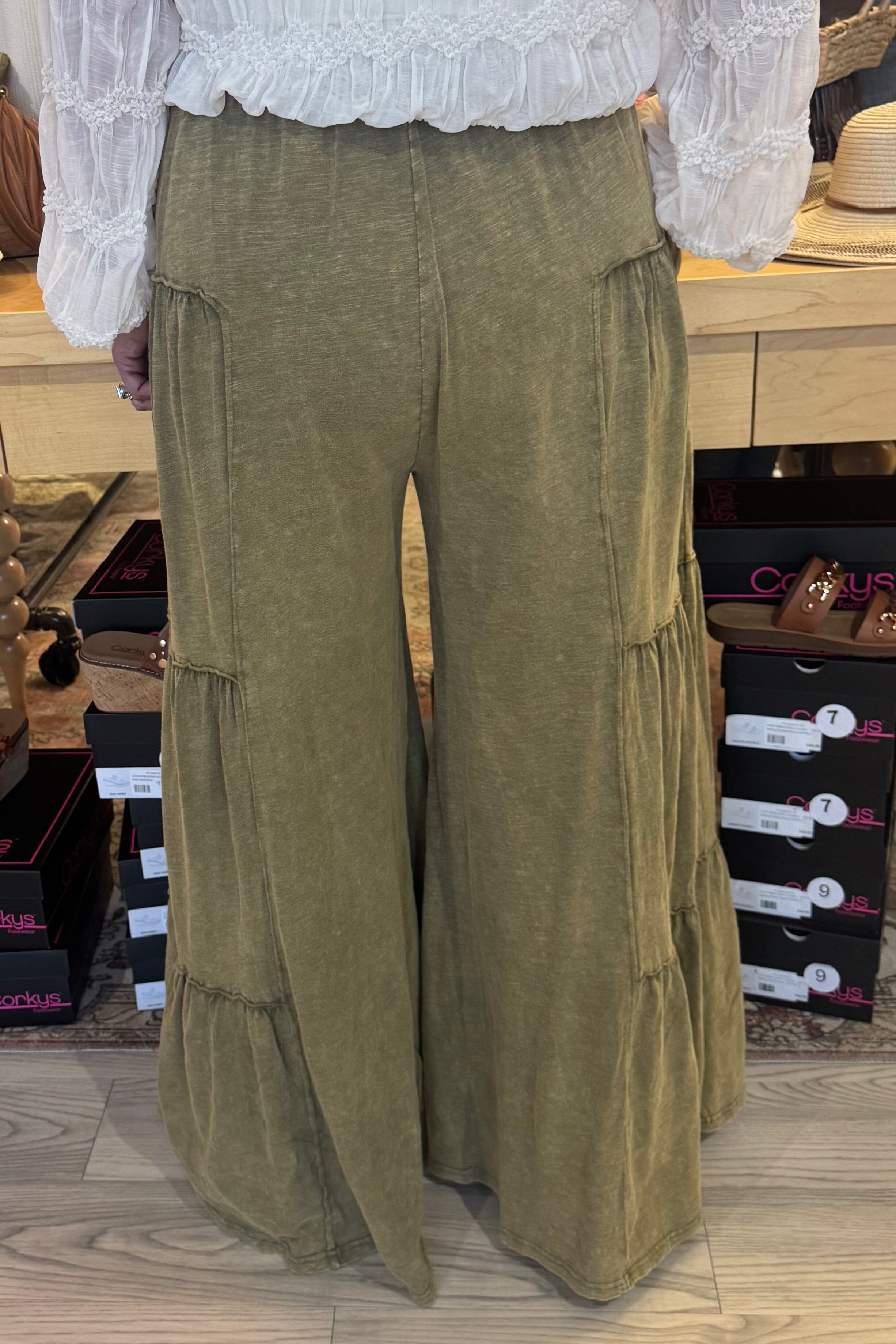 Mineral Wash Tiered Wide Leg Pant BOTTOMS BLUEVELVET OLIVE S