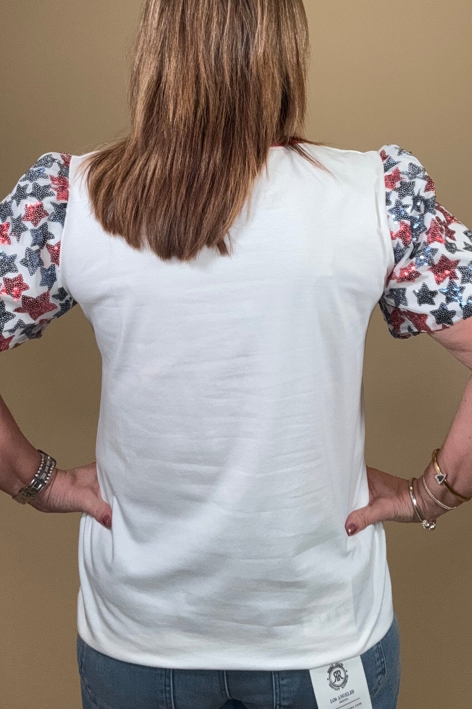 Sequin Flag w/Star Sleeves JRTOP CASUAL TOP SOUTHERN GRACE