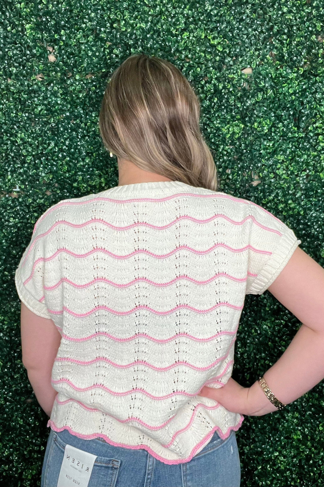 Drop Shoulder Sleeve Scallop Striped Pattern Knit Sweater JRTOP CASUAL TOP SHE&SKY