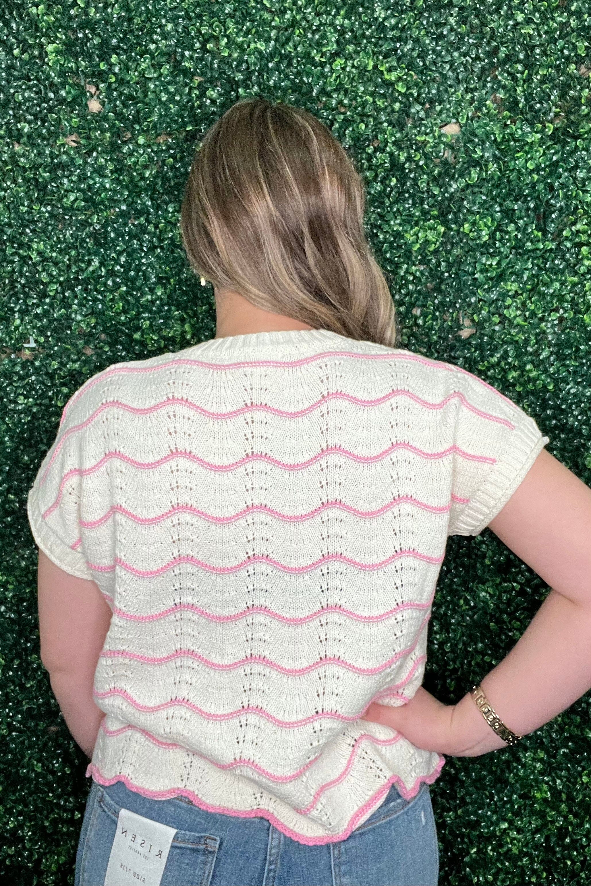 Drop Shoulder Sleeve Scallop Striped Pattern Knit Sweater JRTOP CASUAL TOP SHE&SKY