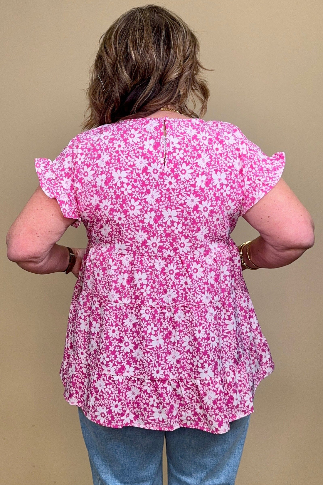 Short Ruffle Sleeve Ruffle Tiered Floral Print Blouse JR TOP DRESSY WHOLESALE FASHION TRENDS