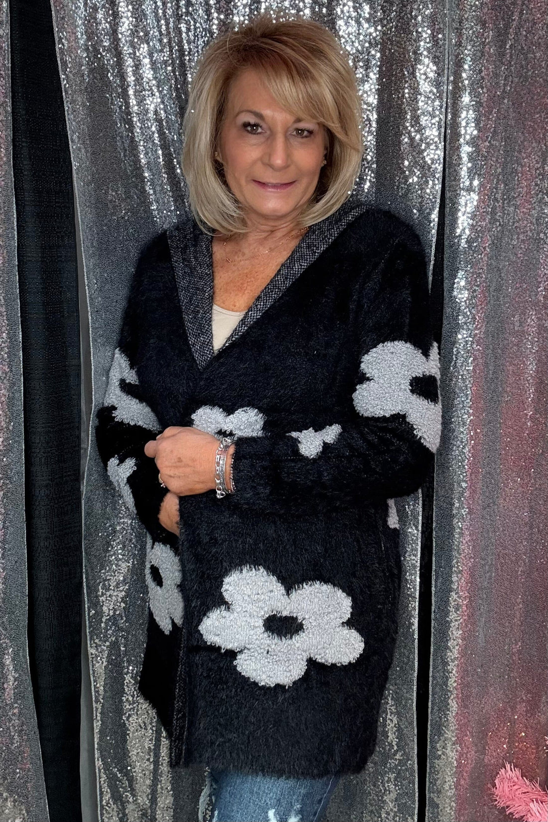 Long Sleeve Hooded Cardigan w/Flowers JACKET CREATION