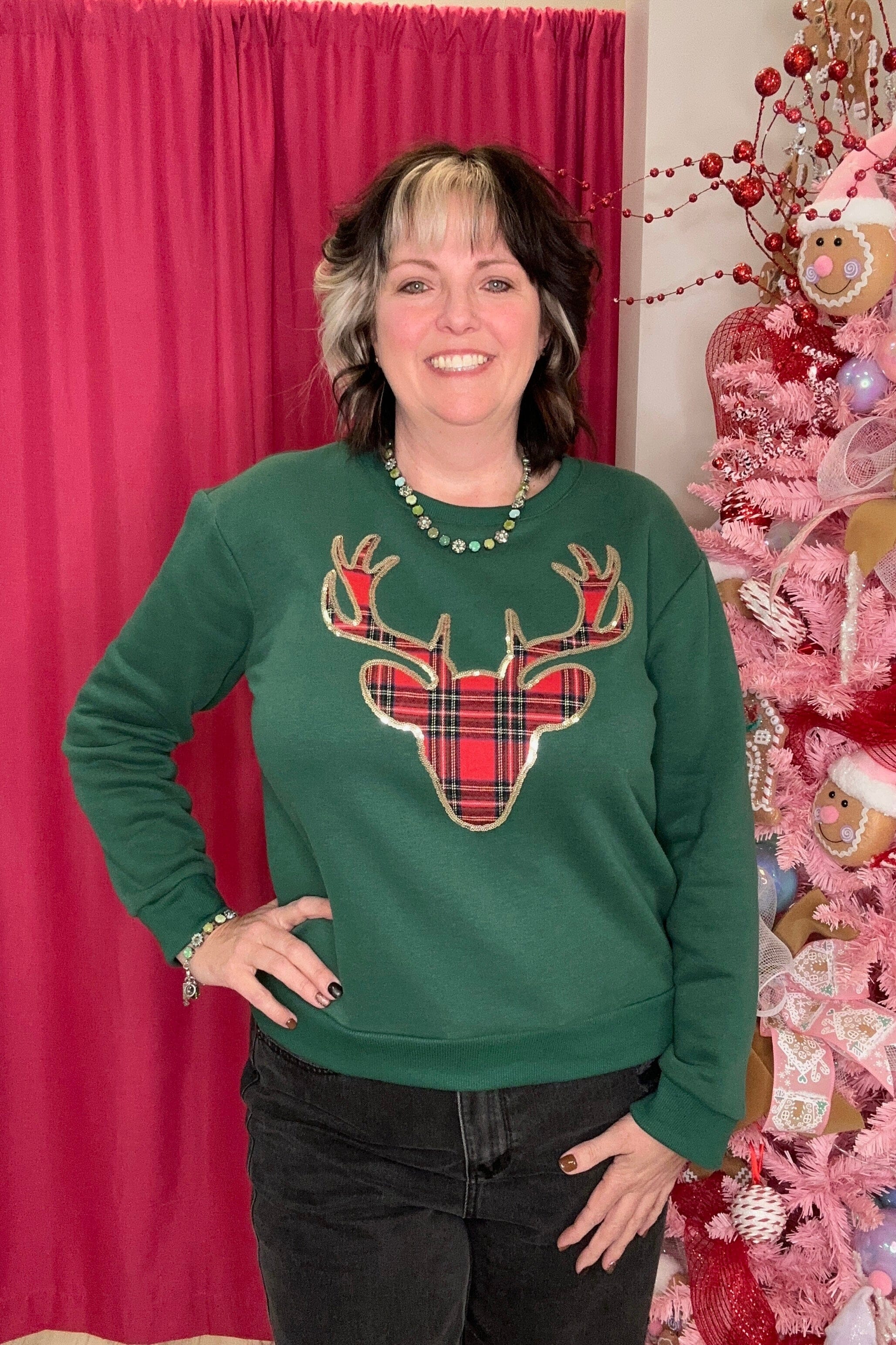 Long Sleeve Christmas Plaid Reindeer Knit Top JRTOP CASUAL TOP SHE&SKY