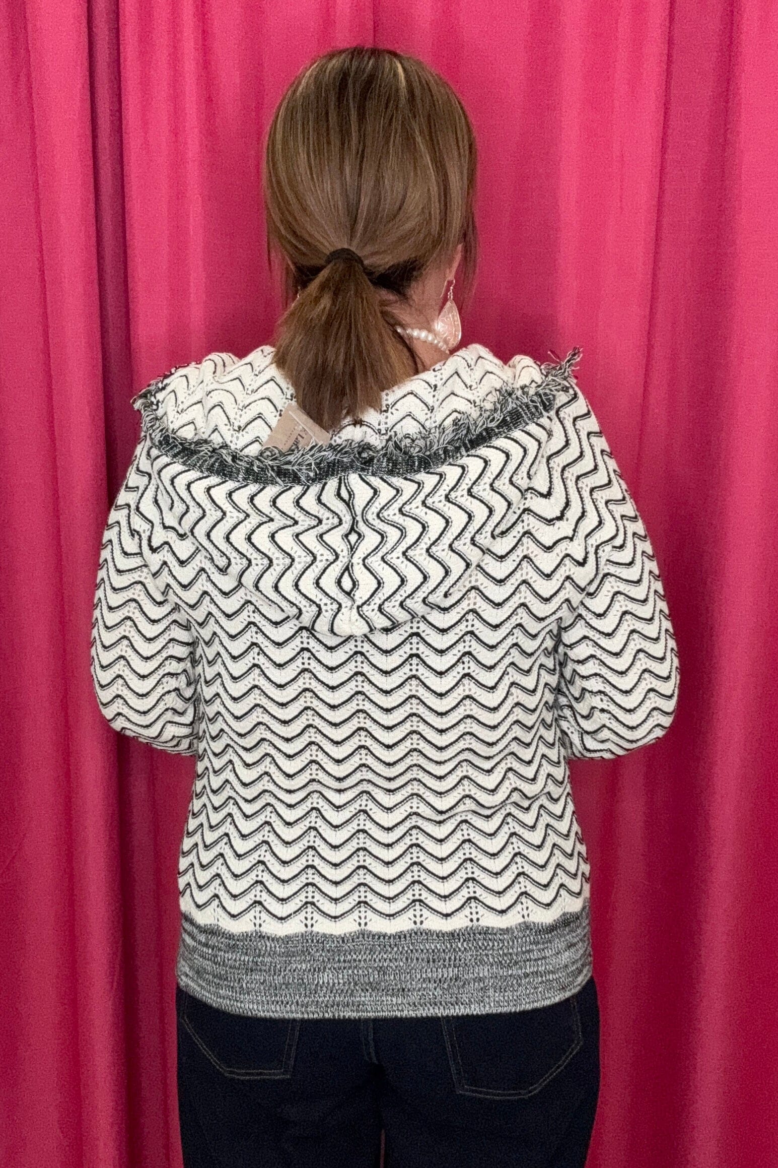 Long Sleeve Hooded Sweater w/Fringe Detail MISSY TOP SPECIAL TRIBAL