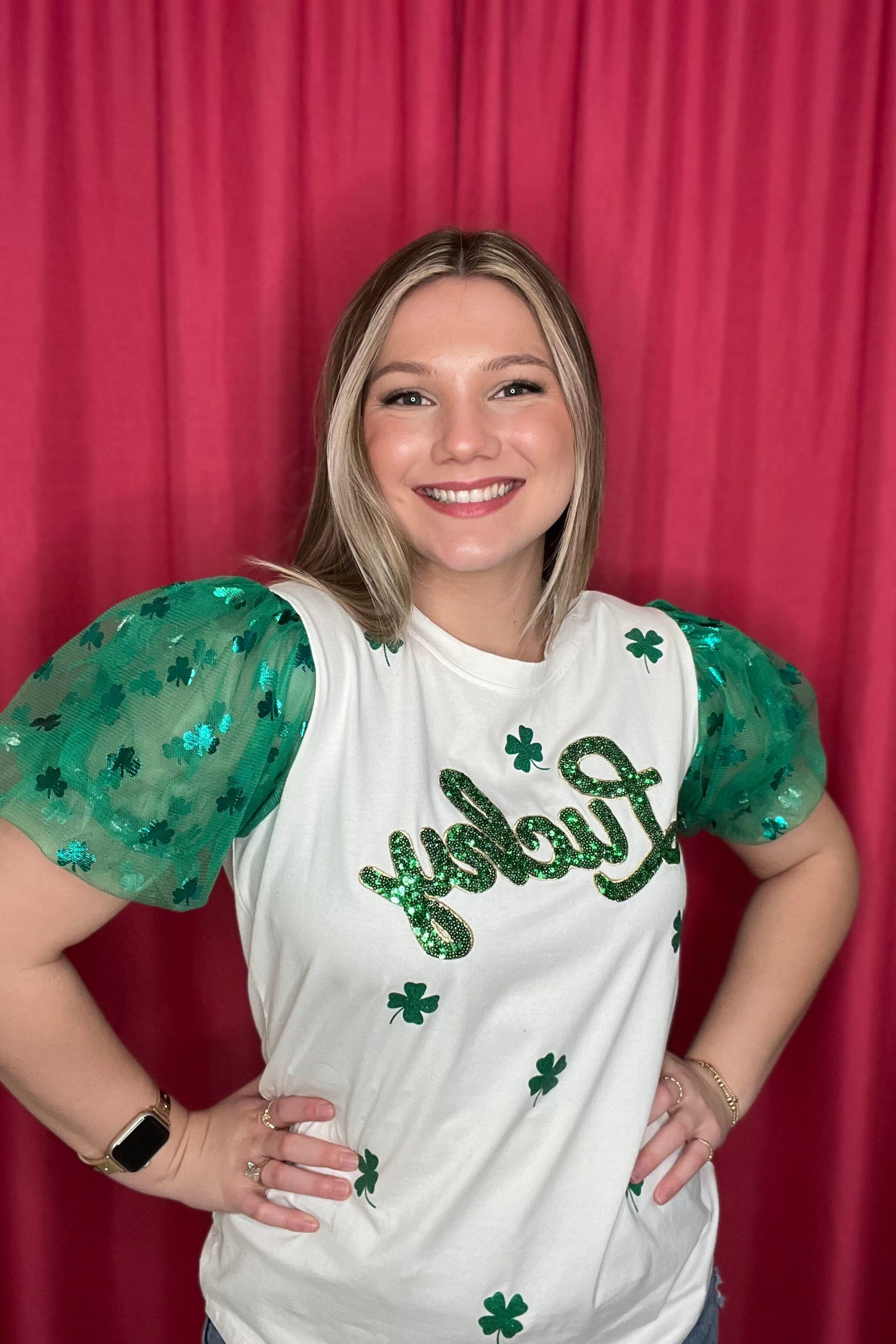 Sequin Lucky Crew Neck w/Shamrock Sleeves JRTOP CASUAL TOP SOUTHERN GRACE