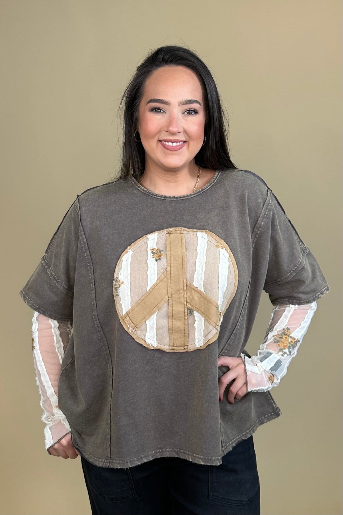 2 in 1 Lace L/S Peace Patch Top JRTOP CASUAL TOP:~~Unassigned~~ EASEL