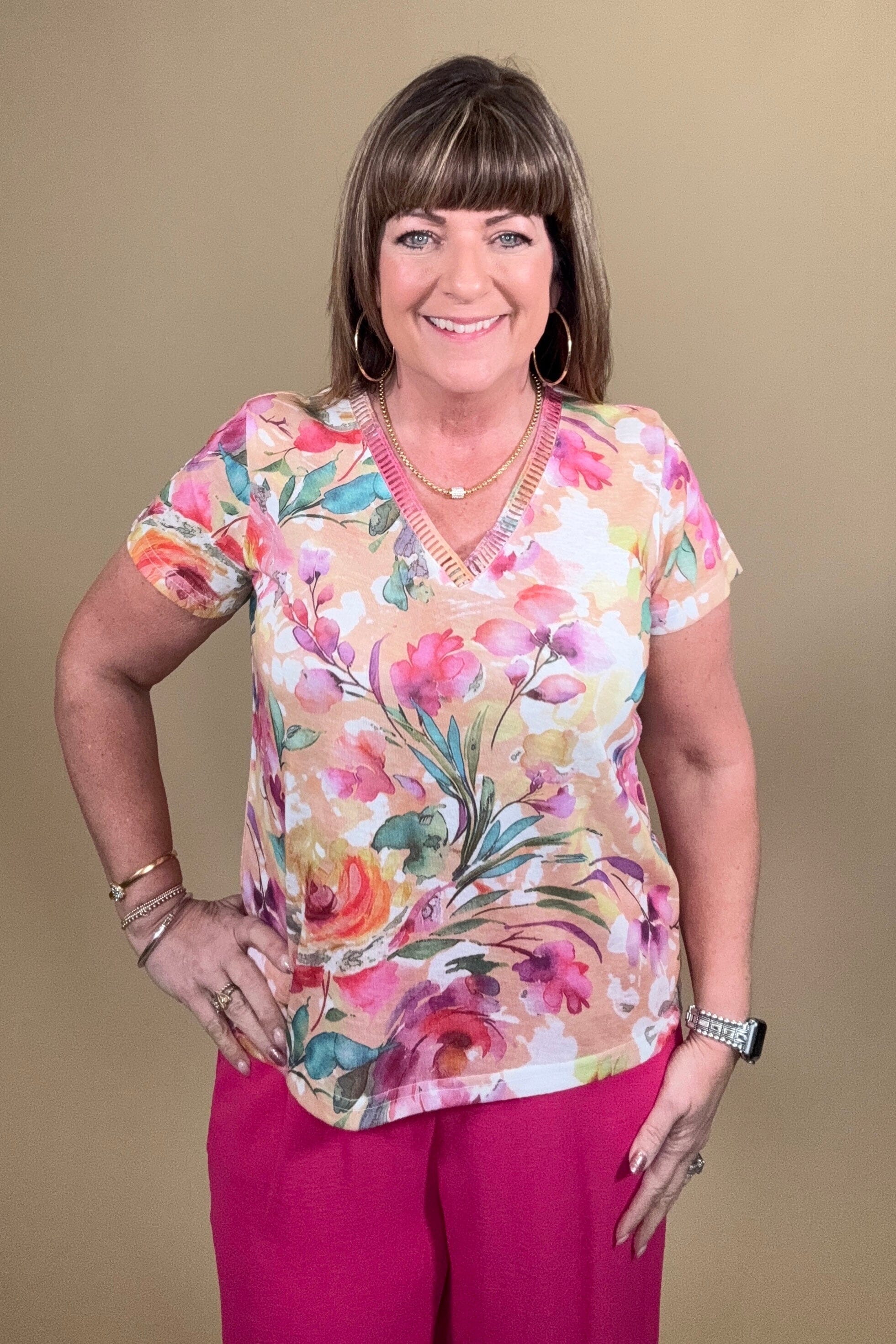 Short Sleeve Printed Top w/Neck Detail MISSY TOP SPECIAL KEREN HART