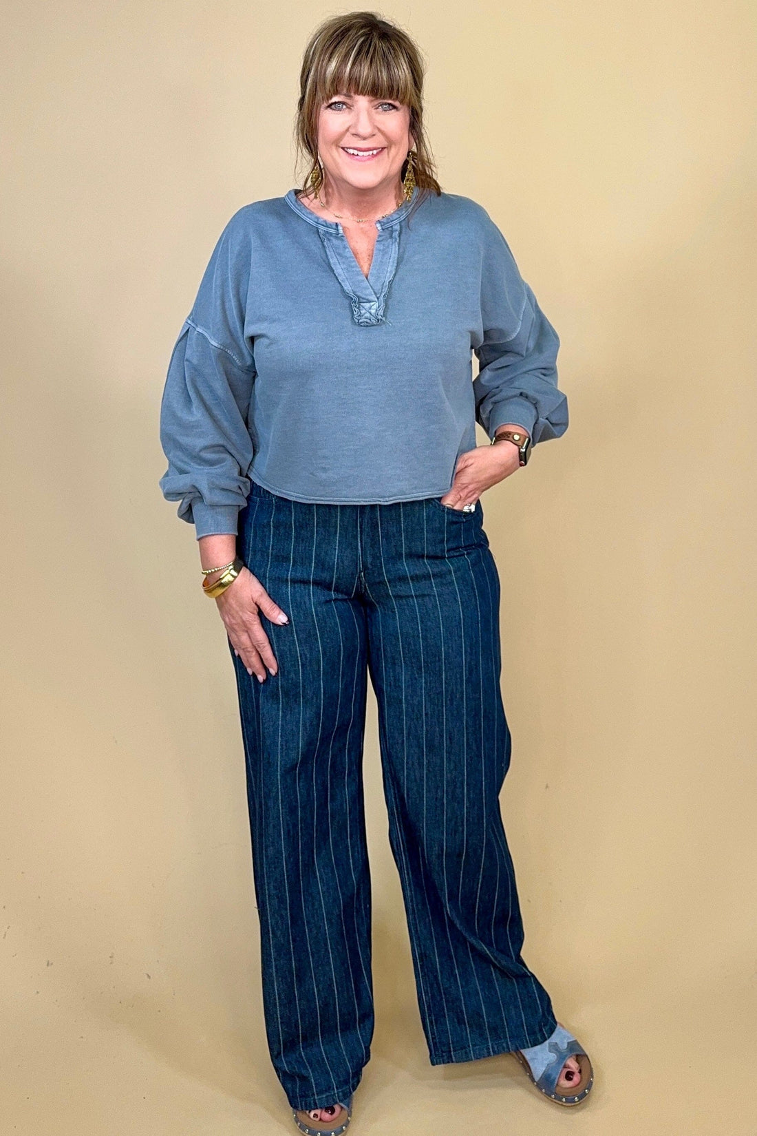 Pinstripe High Rise Wide Leg Jeans BOTTOMS RISEN