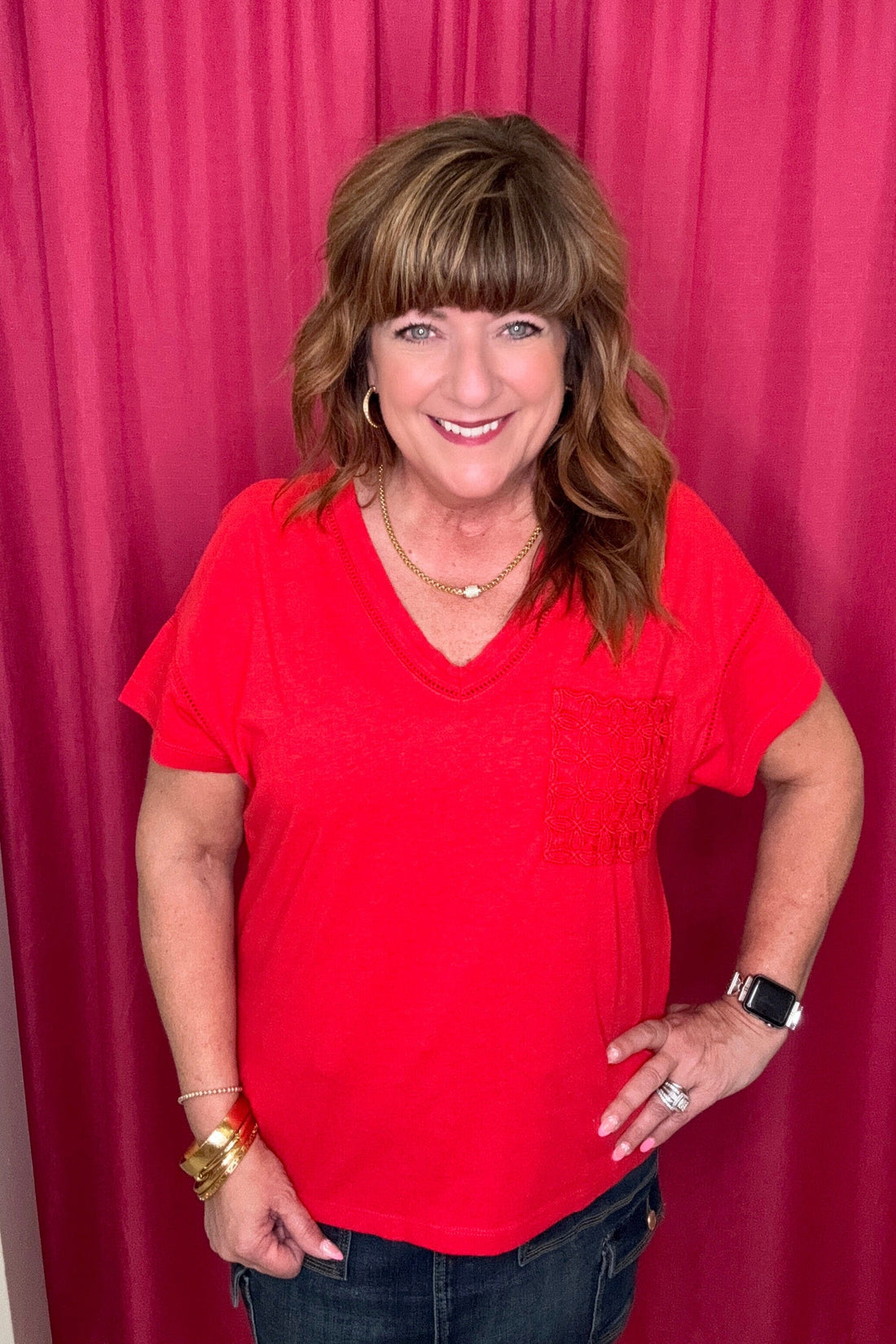 Short Sleeve V-Neck Top w/Ladder Tape MISSY TOP SPECIAL TRIBAL RED XS