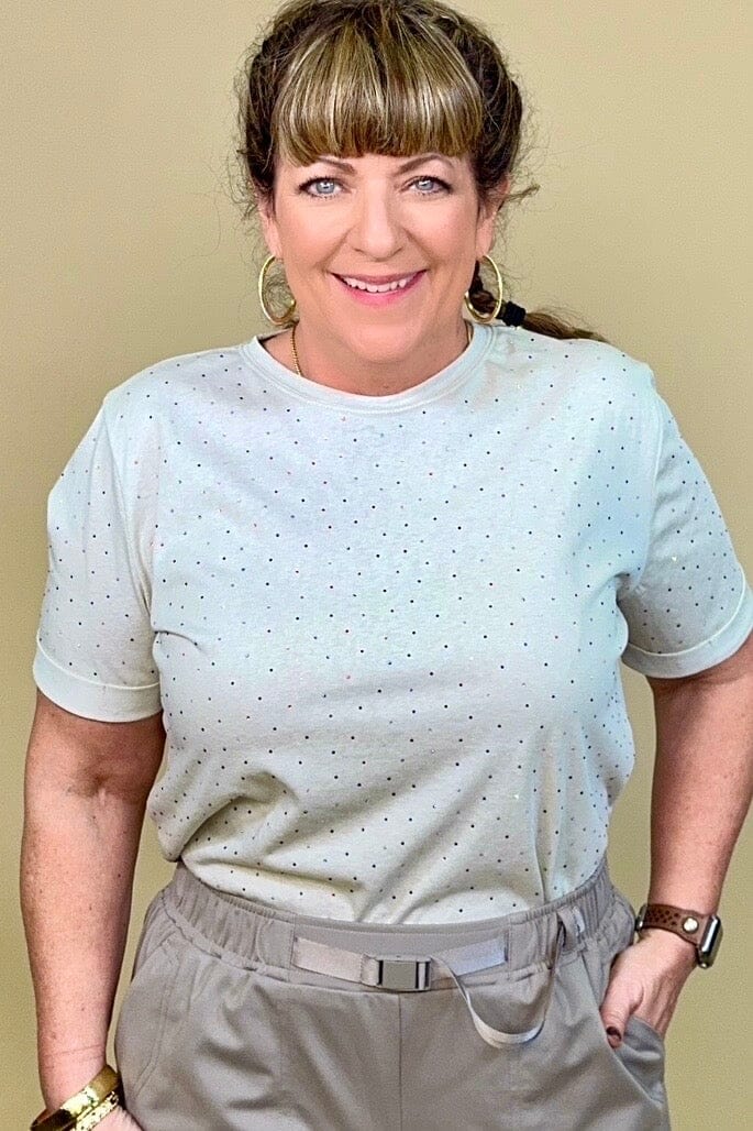 Taupe Short Rolled Sleeve Tee w/Colored Rhinestones JRTOP CASUAL TOP DAVI&DANI