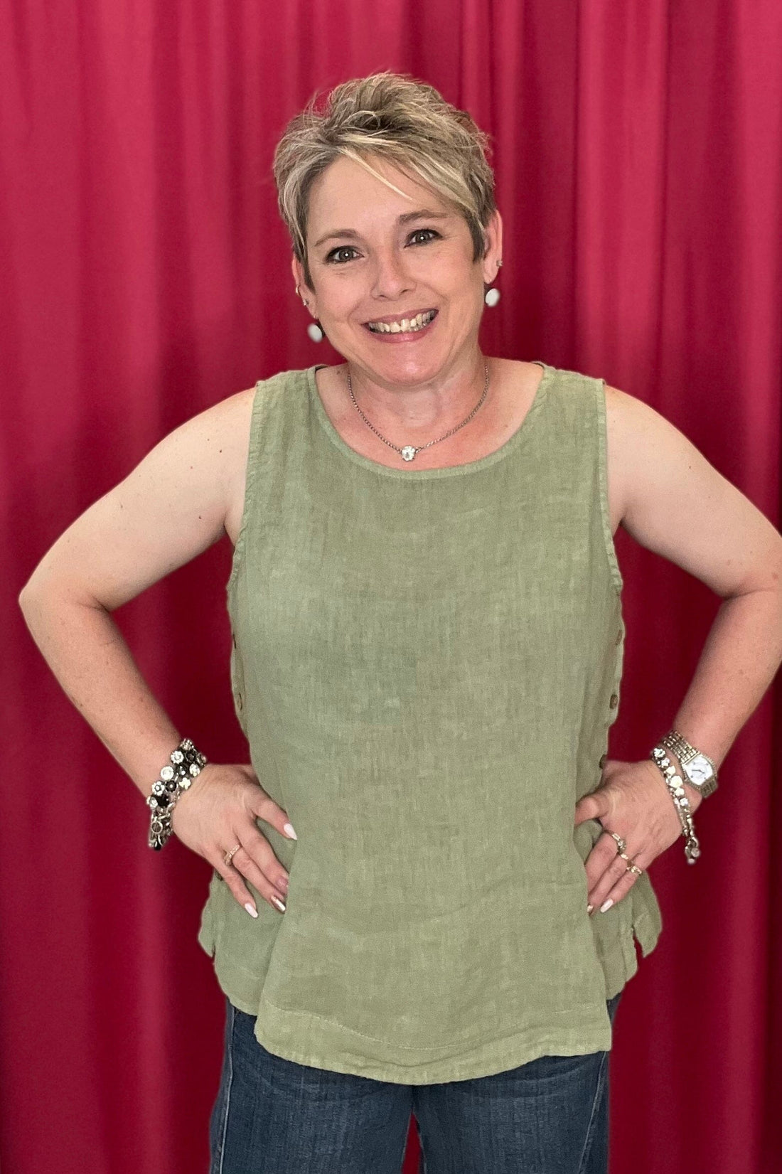 Sleeveless Linen Top w/Side Buttons MISSY TOP SPECIAL CHARLIE B SAGE S