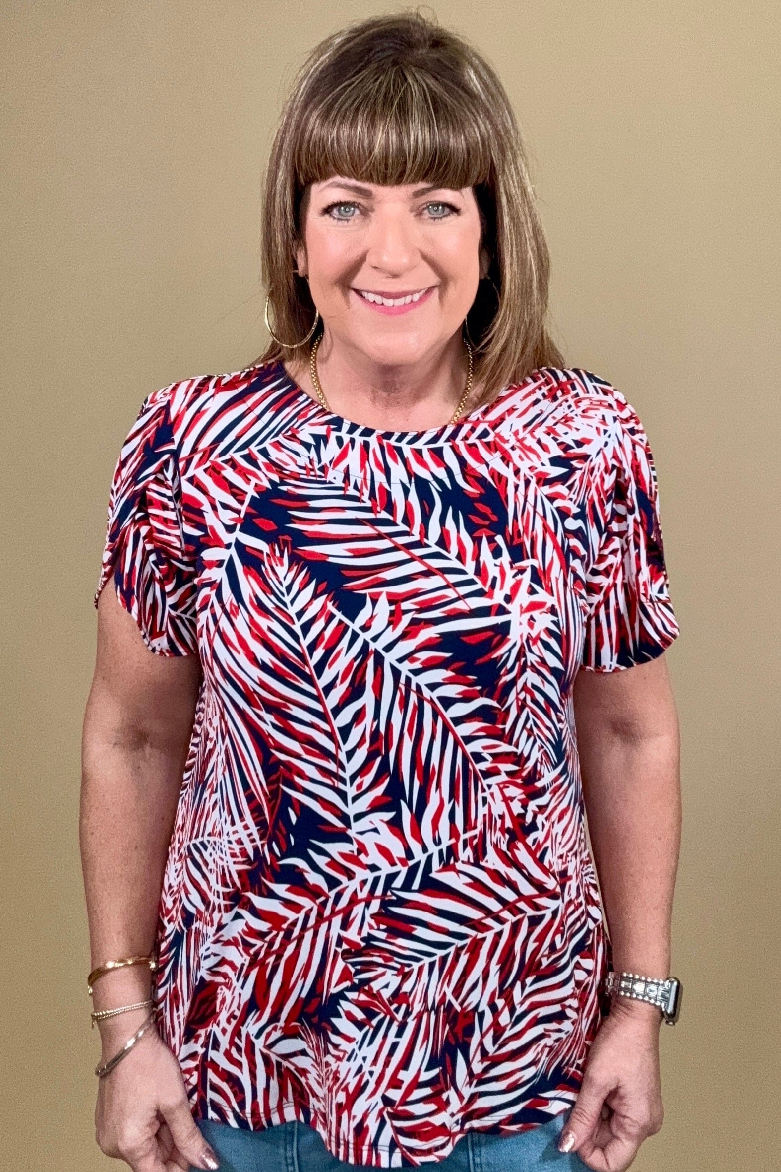 Short Split Sleeve Scoop Neck Printed Palm Leaf Top MISSY TOP SPECIAL SOUTHERN LADY