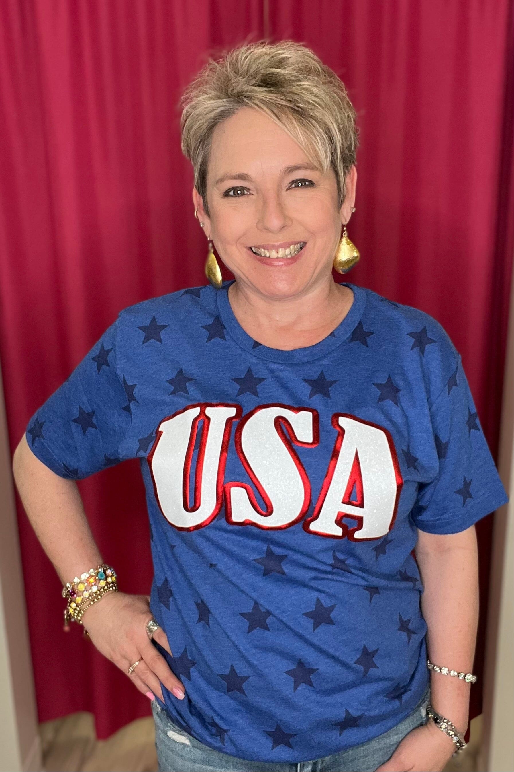 USA Glitter Puff Letters T-Shirt MISSY BASIC KNIT K Lane&