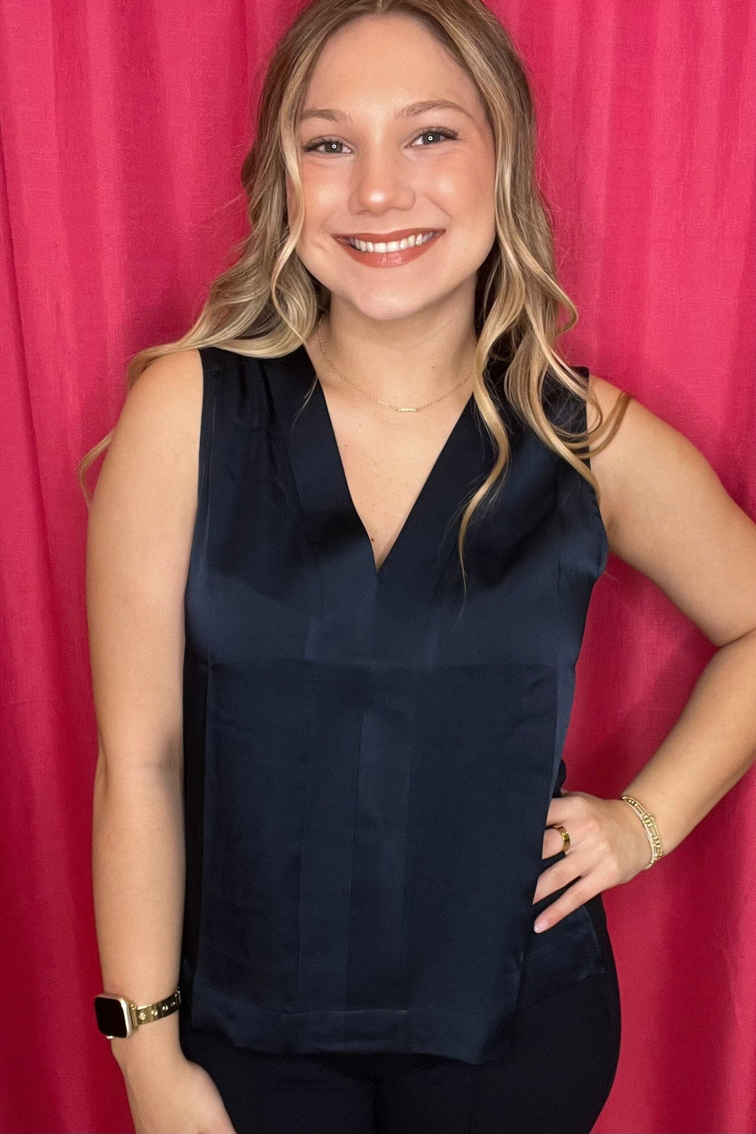 Sleeveless V-Neck Woven-to-Knit Top MISSY TOP SPECIAL LIVERPOOL