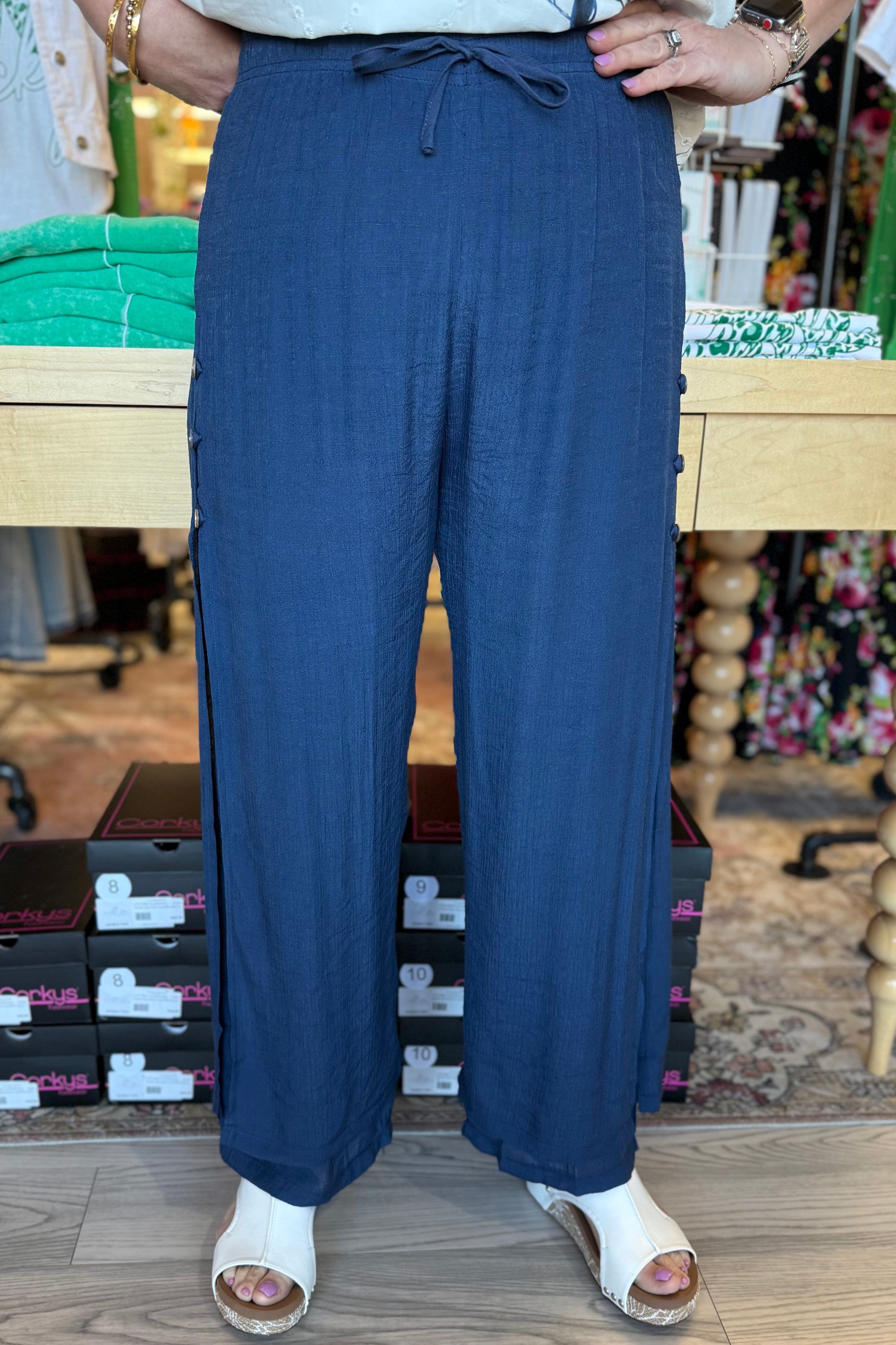 Pull On Gauze Pant with Button Detail BOTTOMS CREATION NVY S