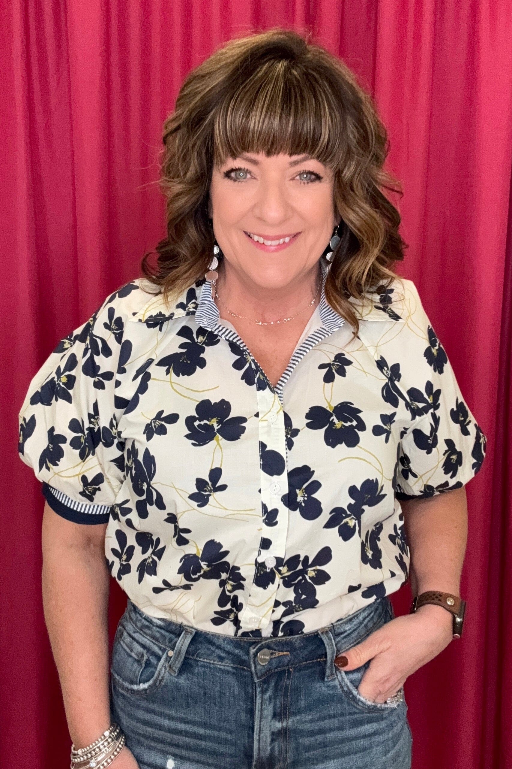 Half Sleeve Button Down Printed Top JR TOP DRESSY SHE&SKY