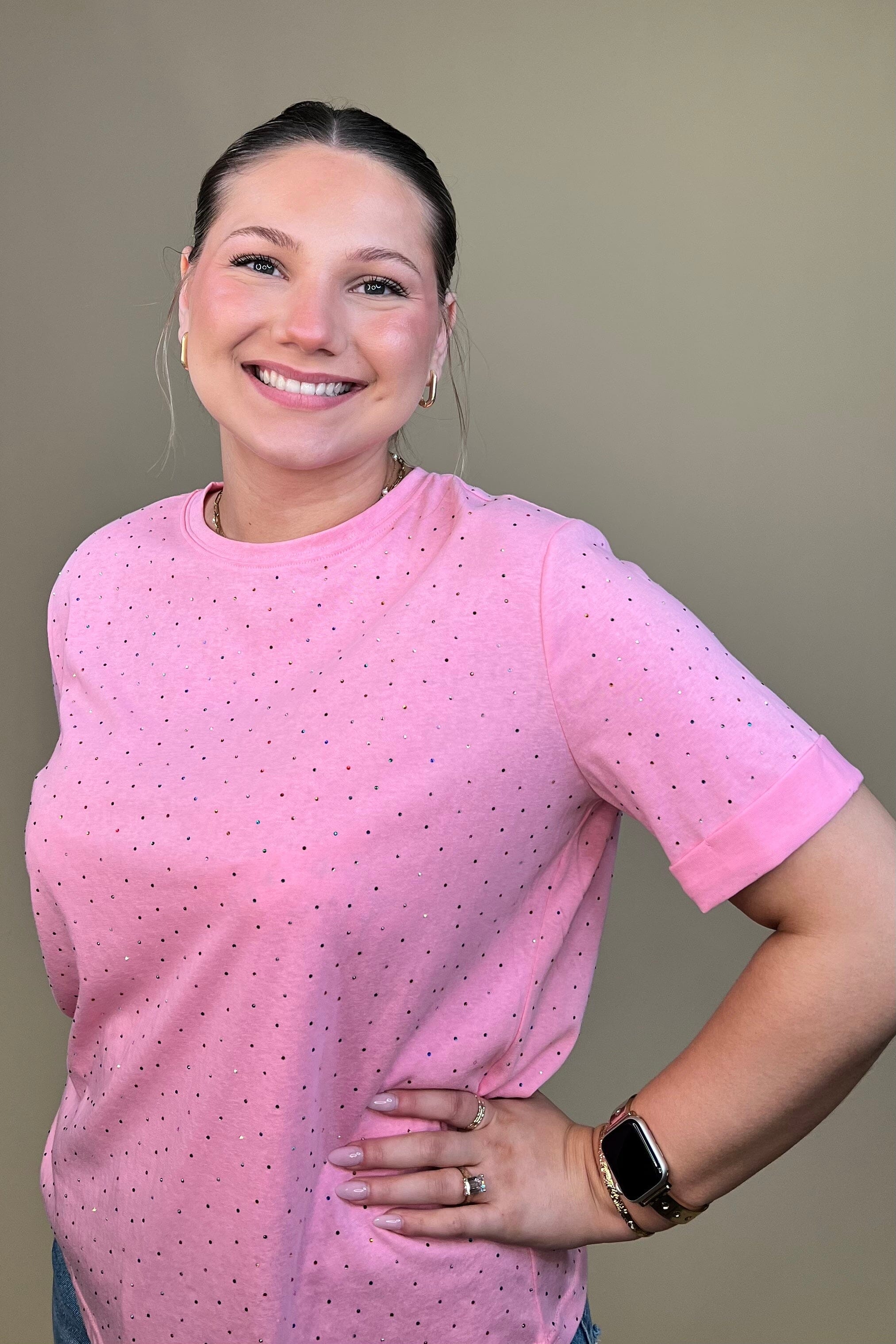 Short Rolled Sleeve Tee w/Colored Rhinestones JRTOP CASUAL TOP DAVI&DANI