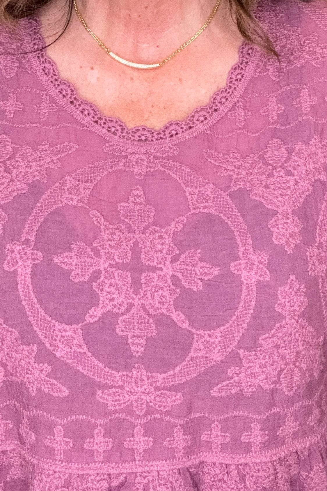 3/4 Bell Sleeve Scoop Neck Double Flounce Peplum Embroidered Top MISSY TOP SPECIAL DEMOCRACY