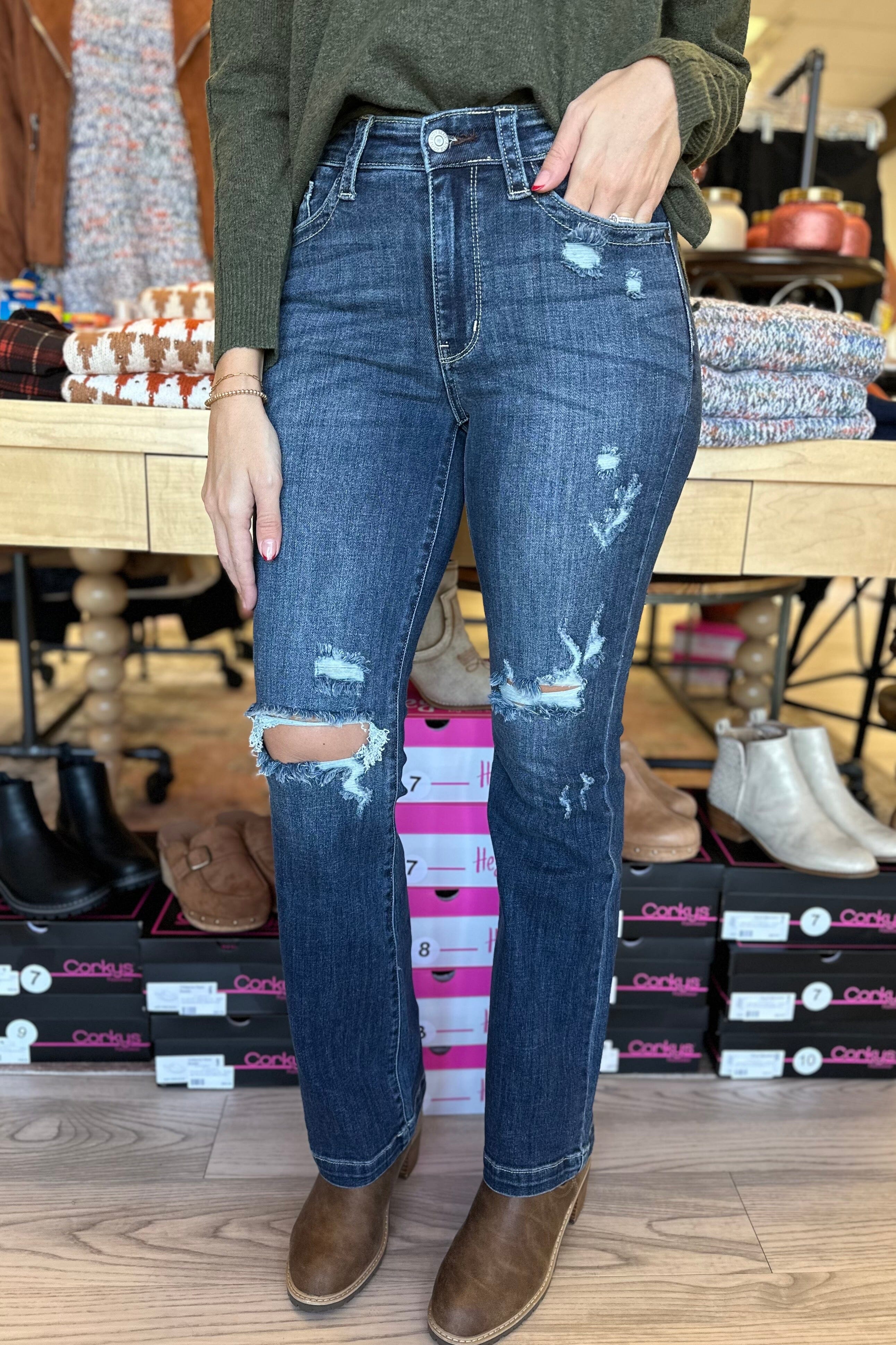 Mid Rise Hand Sand & Destroy Boot Cut JEANS JUDY BLUE