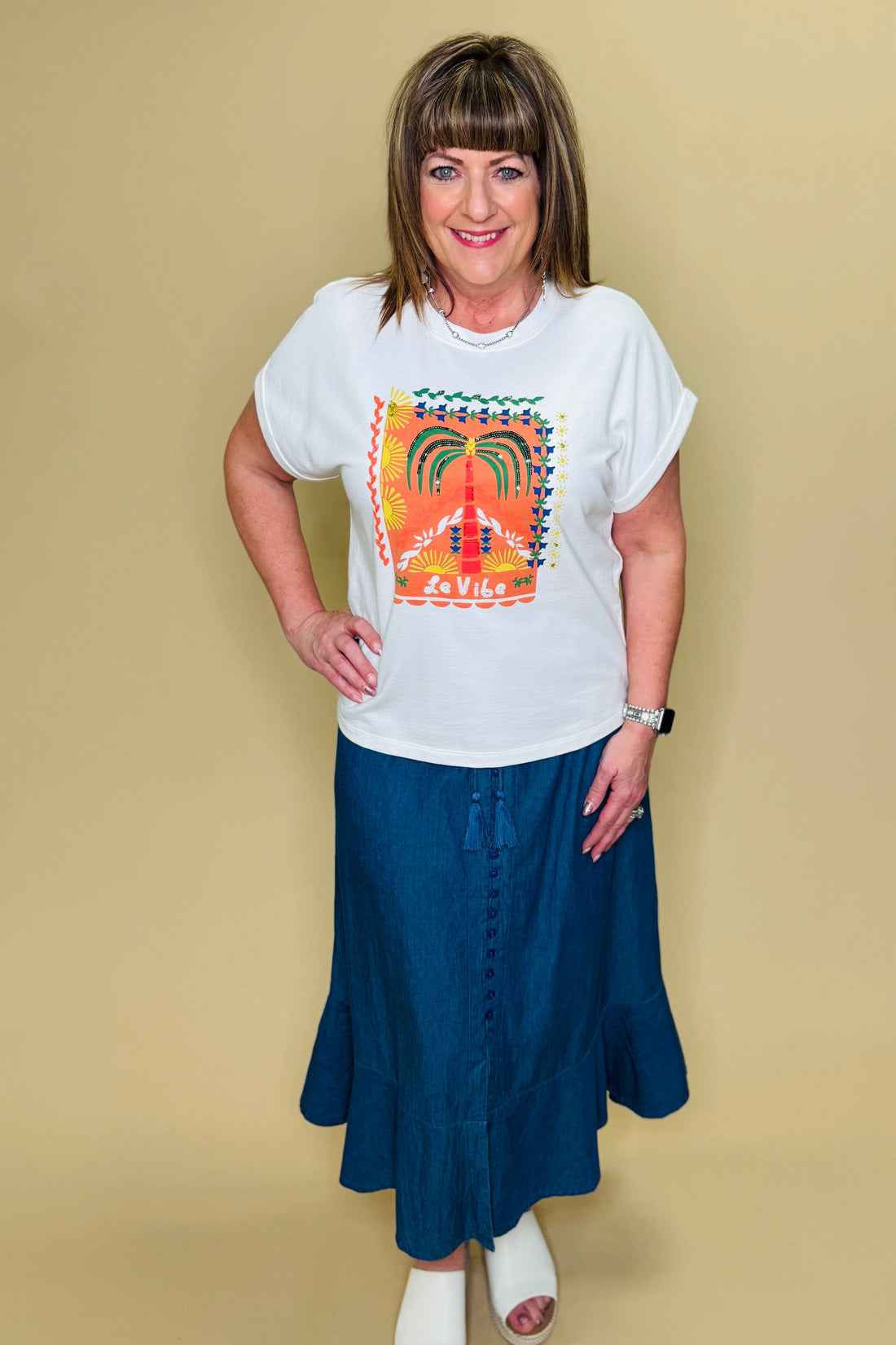 Printed Crew Dolman Sleeve w/Beaded Detail MISSY TOP SPECIAL TRIBAL
