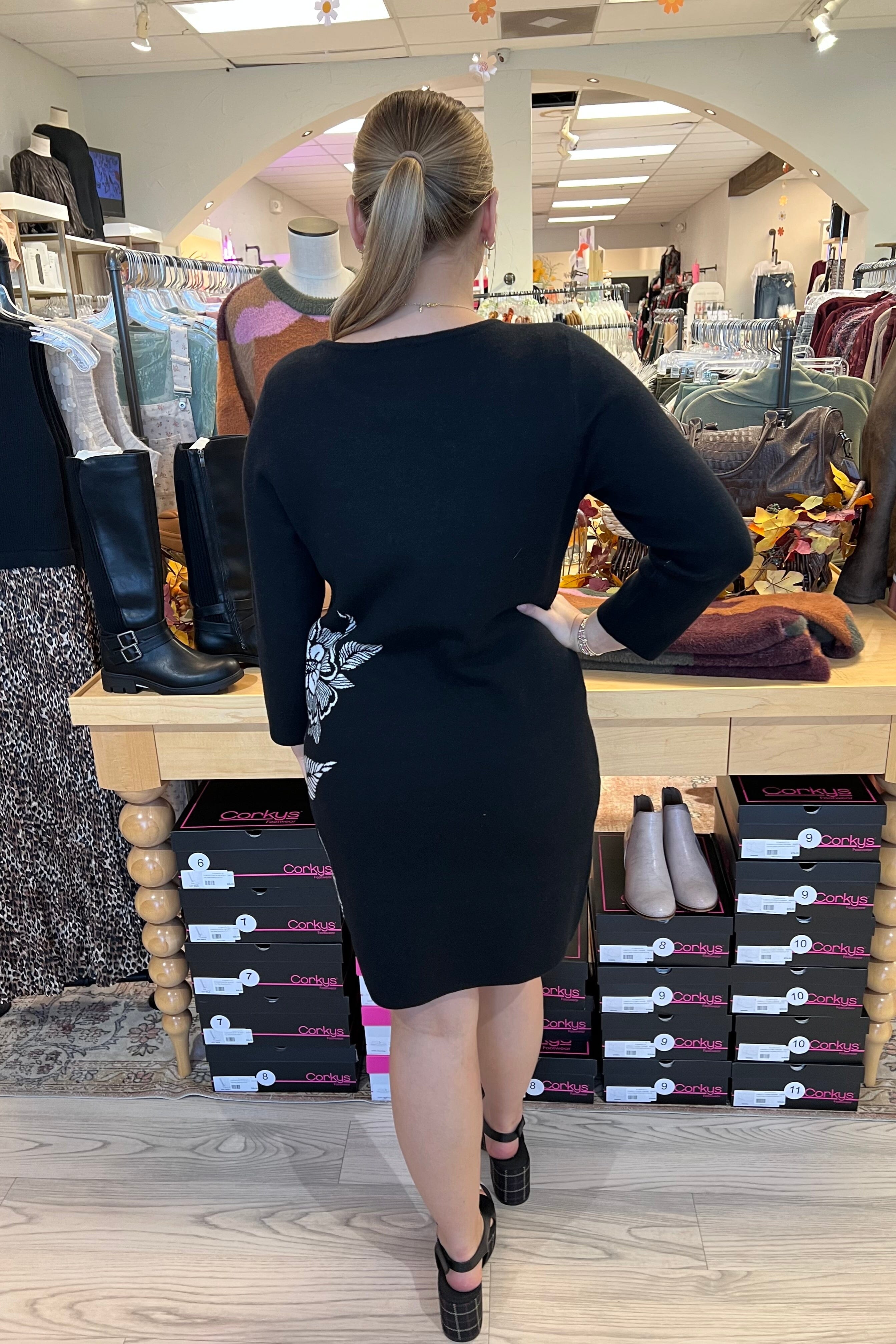 Elbow Sleeve Boat Neck Sweater DRESS TRIBAL