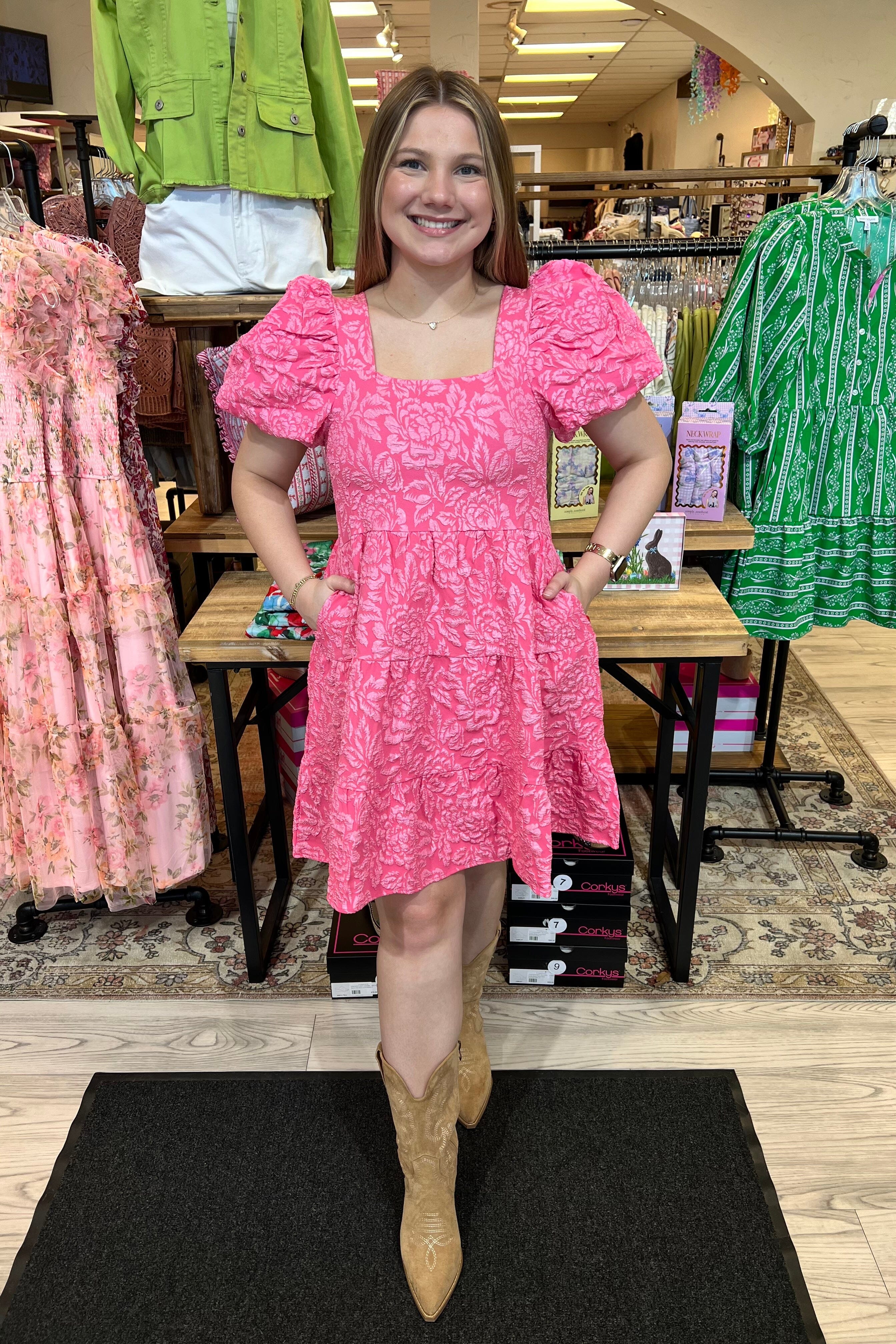 Short Puff Sleeve Textured Dress DRESS SOUTHERN GRACE