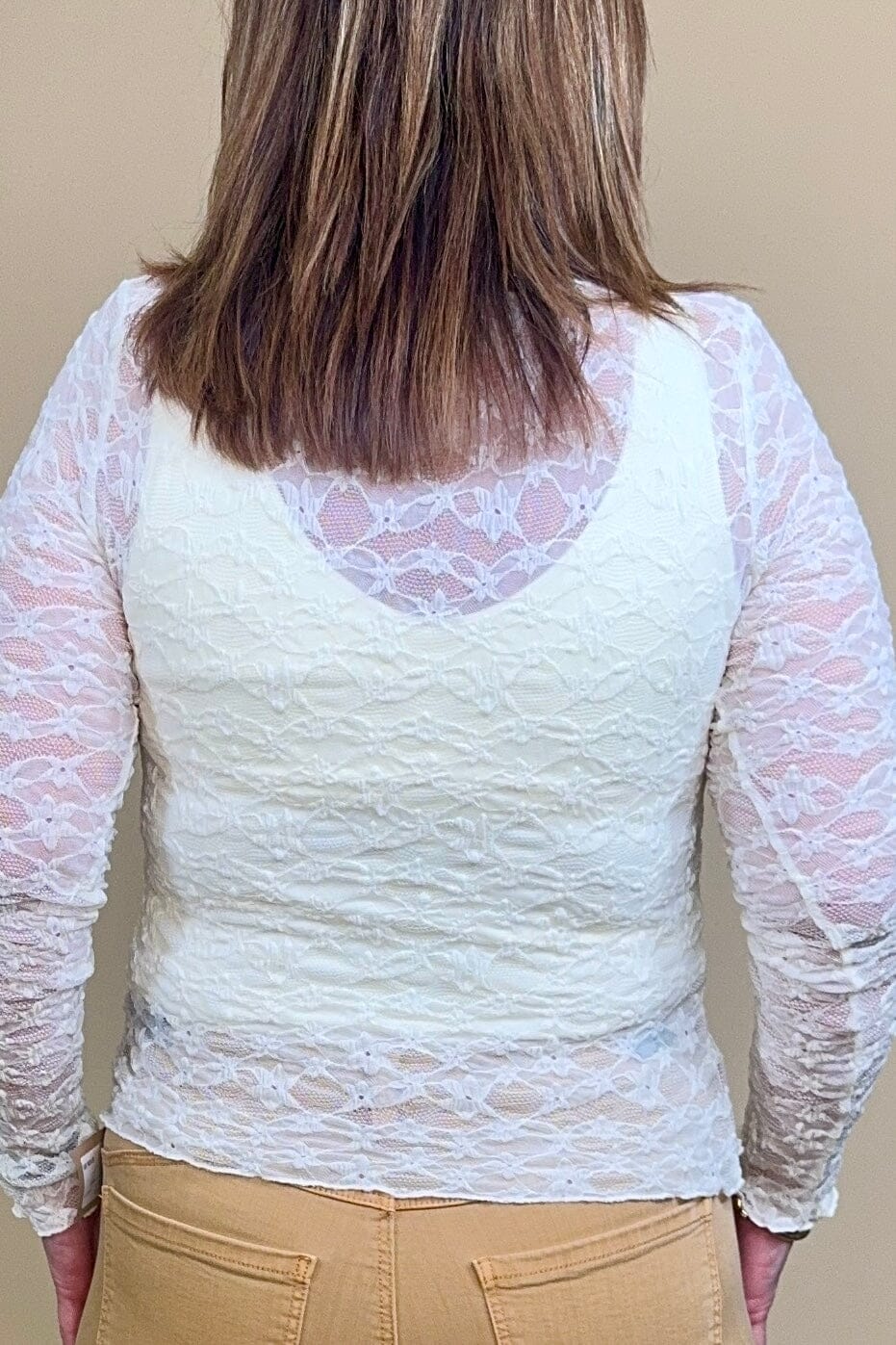Long Sleeve Lace Mesh Top MISSY BASIC KNIT HEM AND THREAD