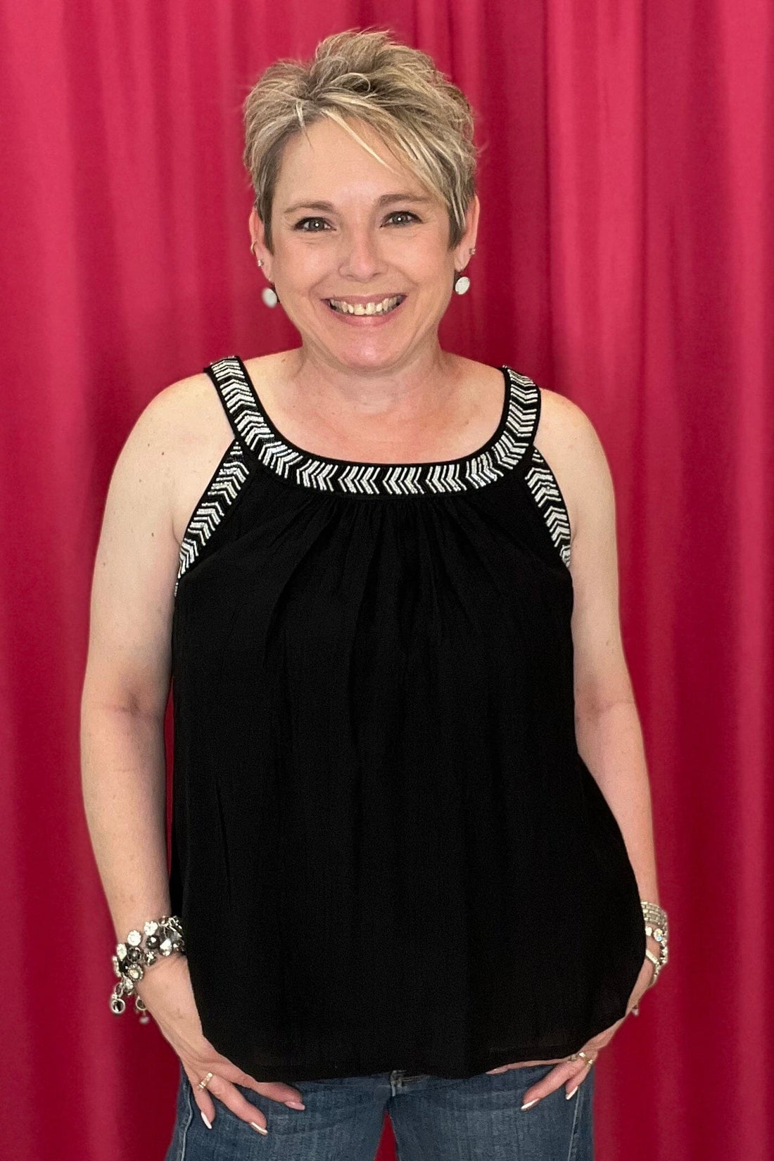 Sleeveless Woven Tank w/Beading MISSY TOP SPECIAL LIVERPOOL