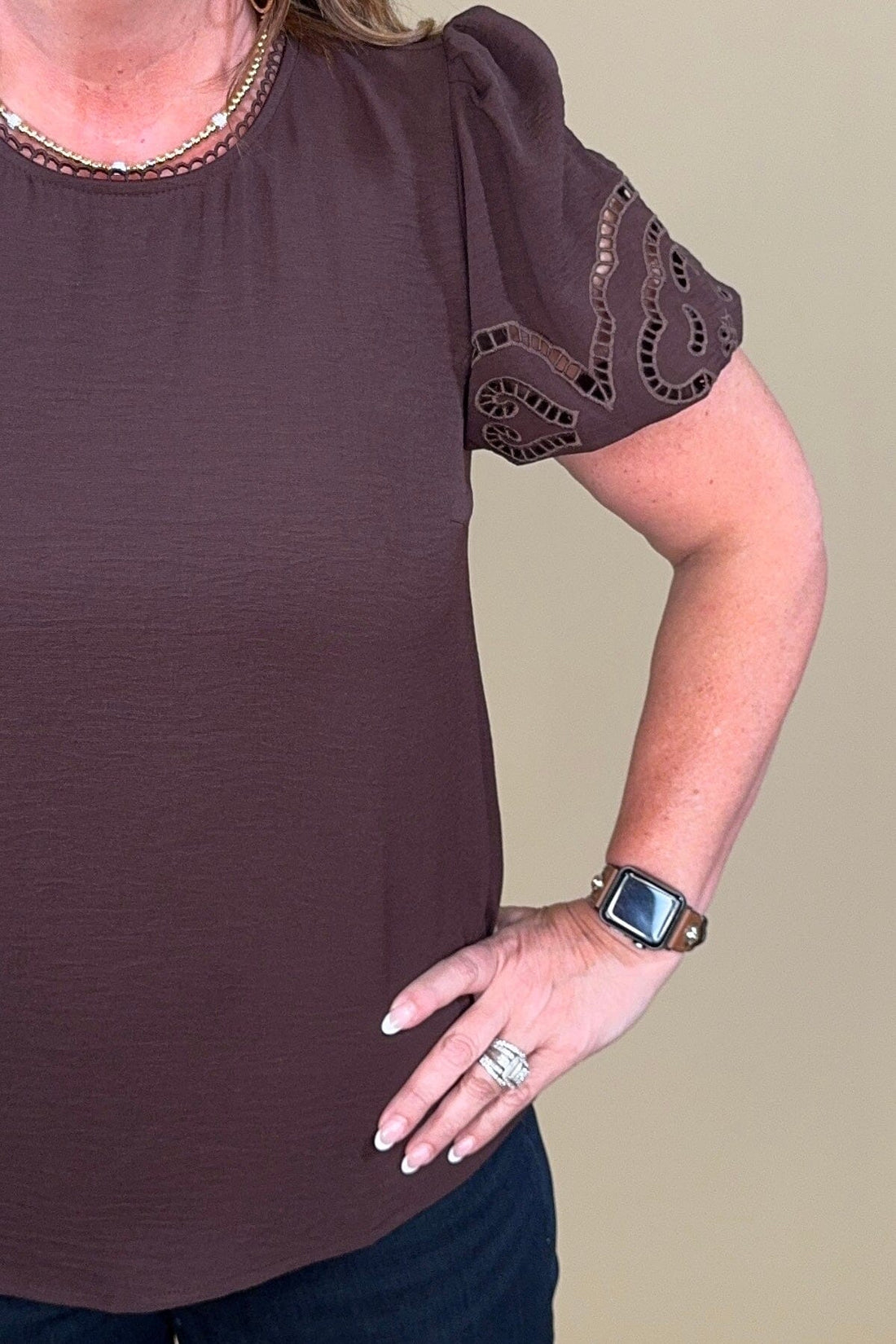 Haley Espresso Top w/Laser Cutout JR TOP DRESSY MARYSQUARE