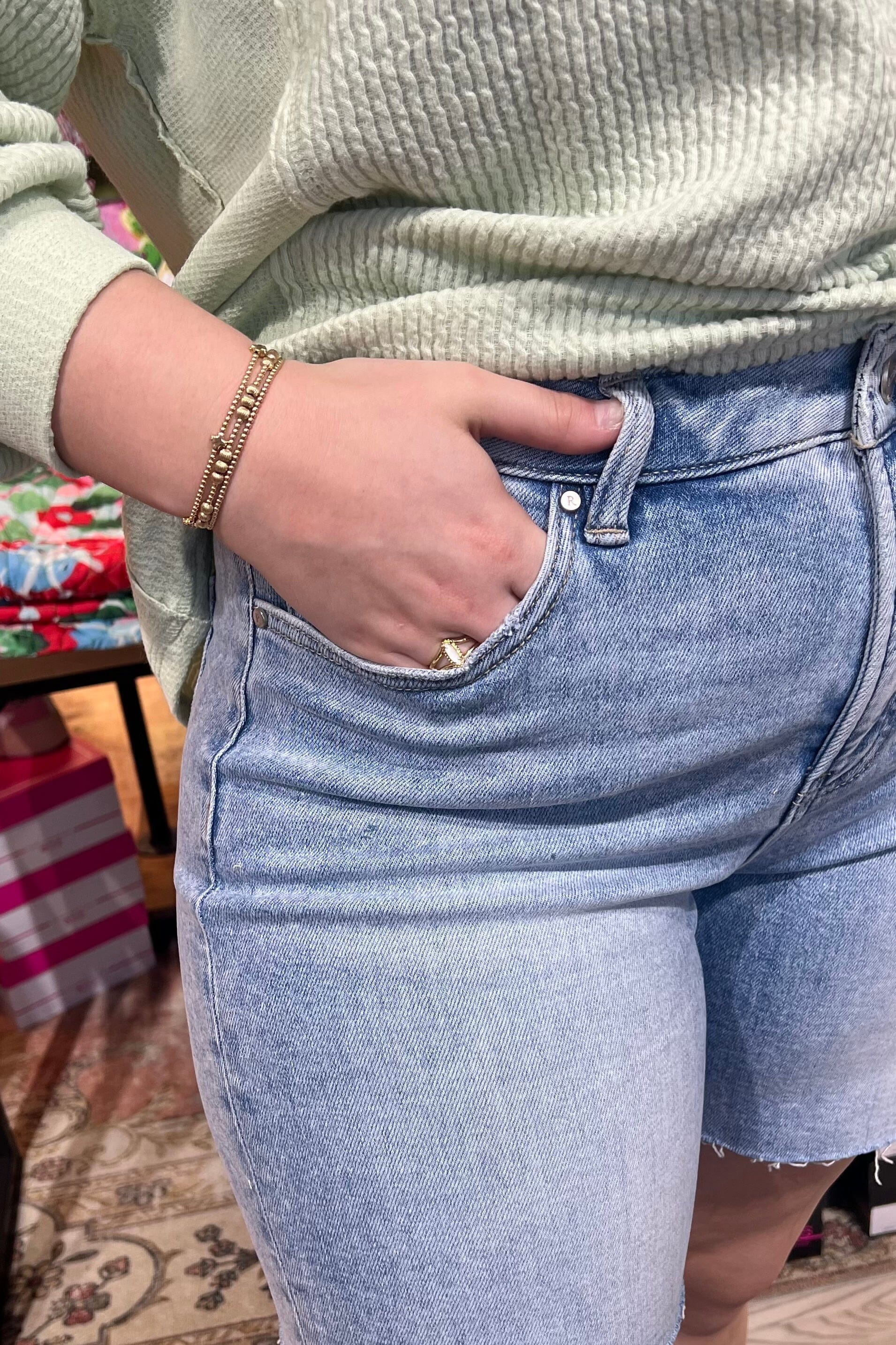 Tummy Control High Rise Mid-Length Raw Hem Shorts BOTTOMS RISEN