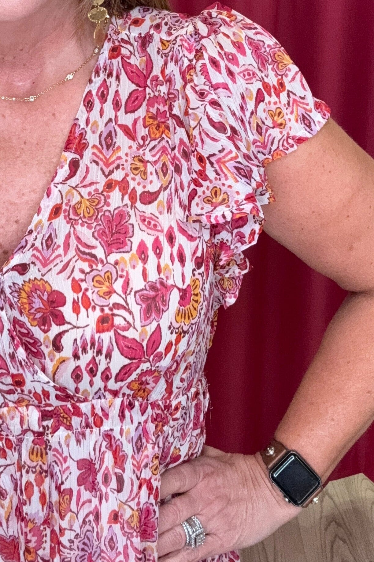 Floral Print V-Neck Ruffle Dress w/Side Waist Tassel DRESS UMGEE