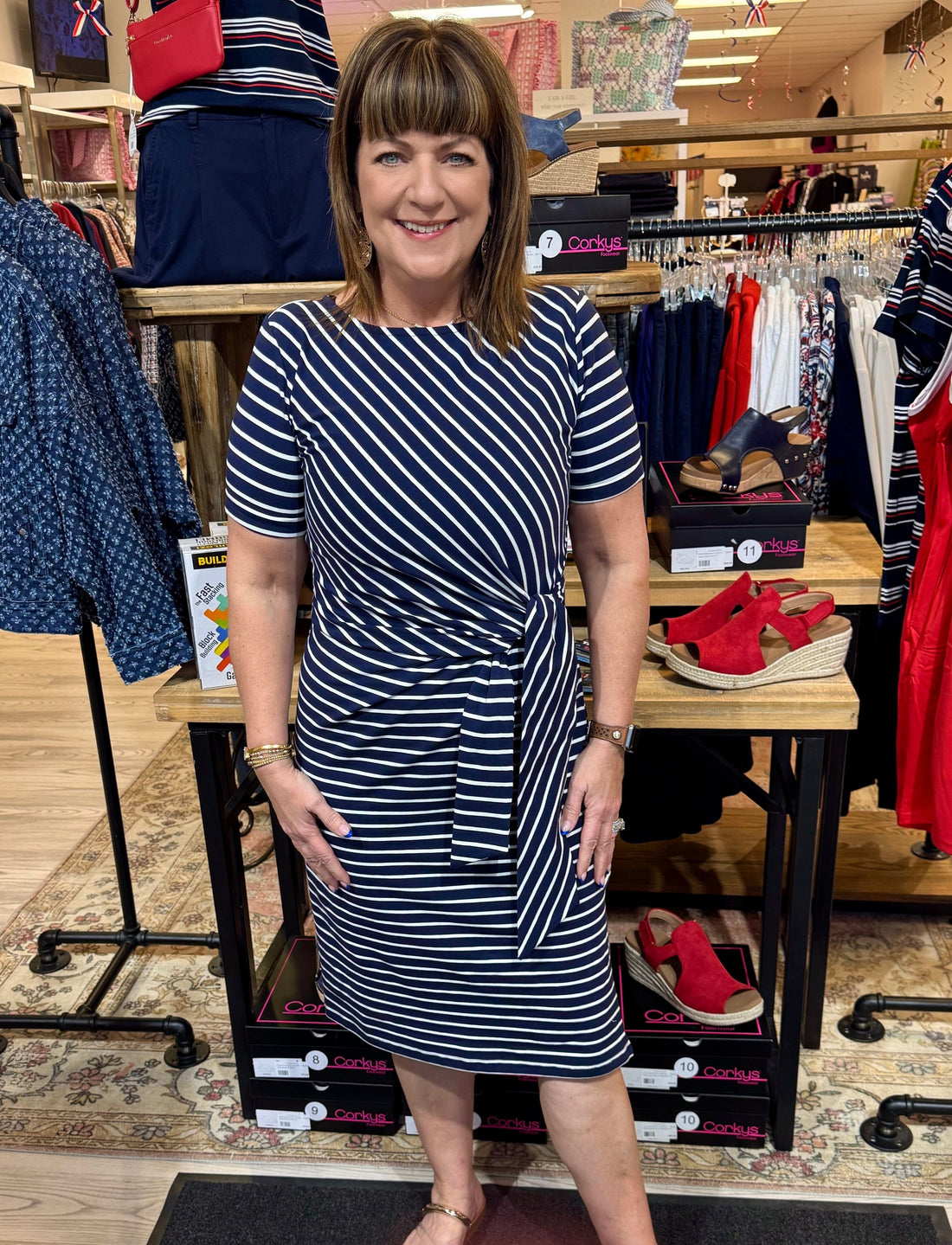 Striped Short Sleeve w/Cuff, Boat Neck Dress w/Tie DRESS CHARLIEB