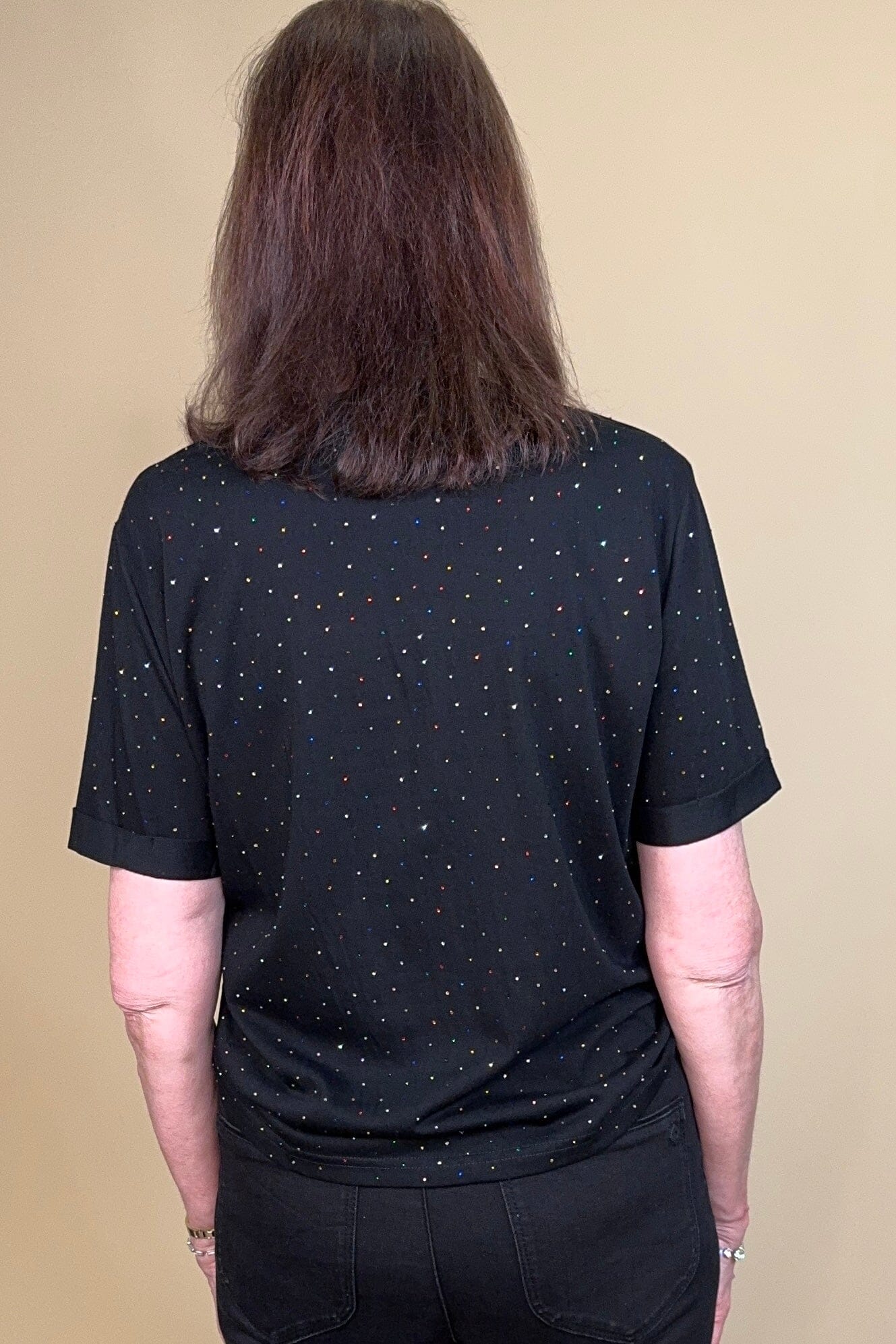 Black Short Rolled Sleeve Tee w/Colored Rhinestones JRTOP CASUAL TOP DAVI&DANI
