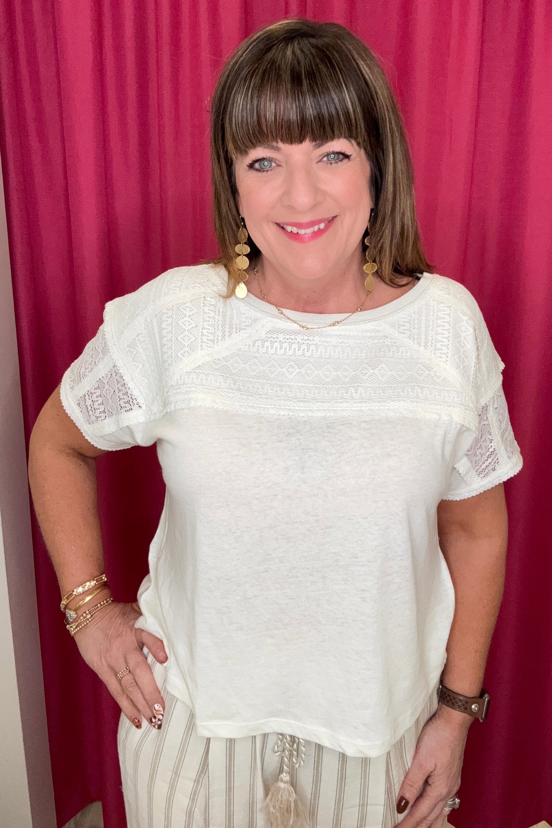 Short Sleeve Dolman Boat Neck Knit Top w/Lace MISSY TOP SPECIAL LIVERPOOL