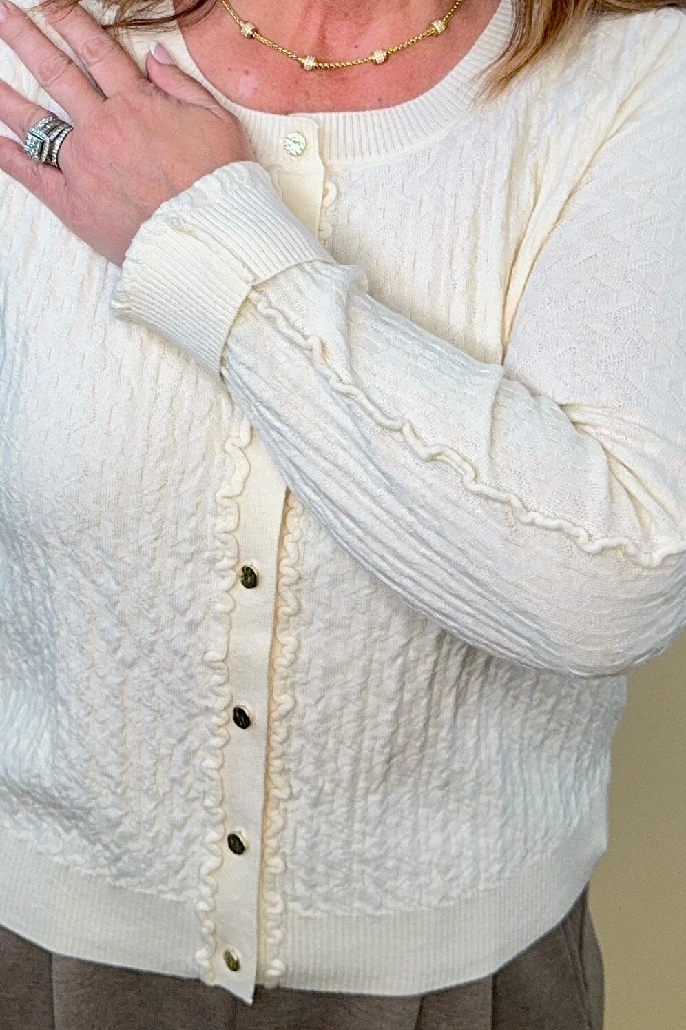 Long Sleeve Button Front Cardigan Sweater w/Ruffles OUTFIT COMPLETER LIVERPOOL