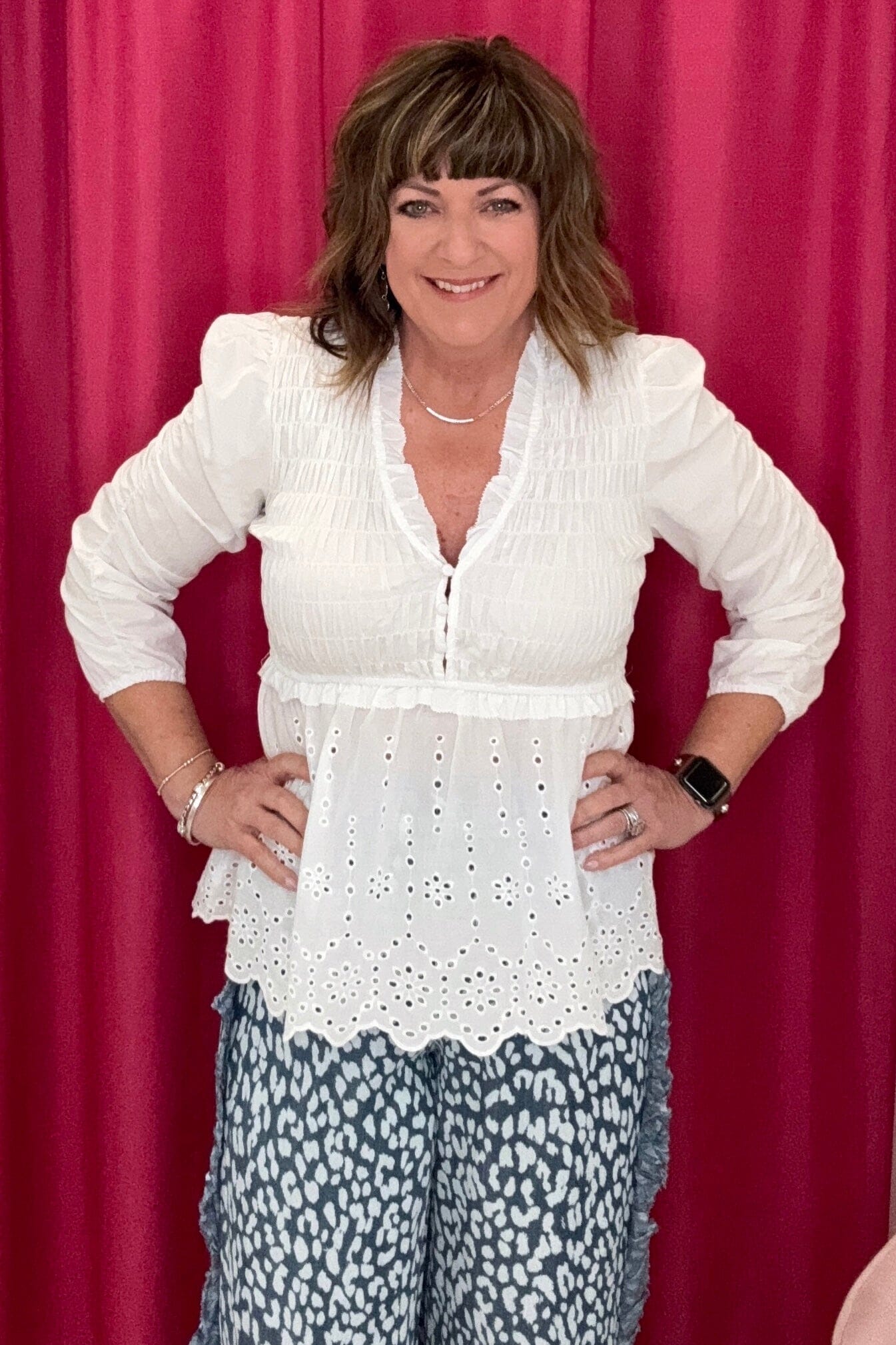 3/4 Ruffle Sleeve Smocked V-Neck Top JR TOP DRESSY EASEL WHT S