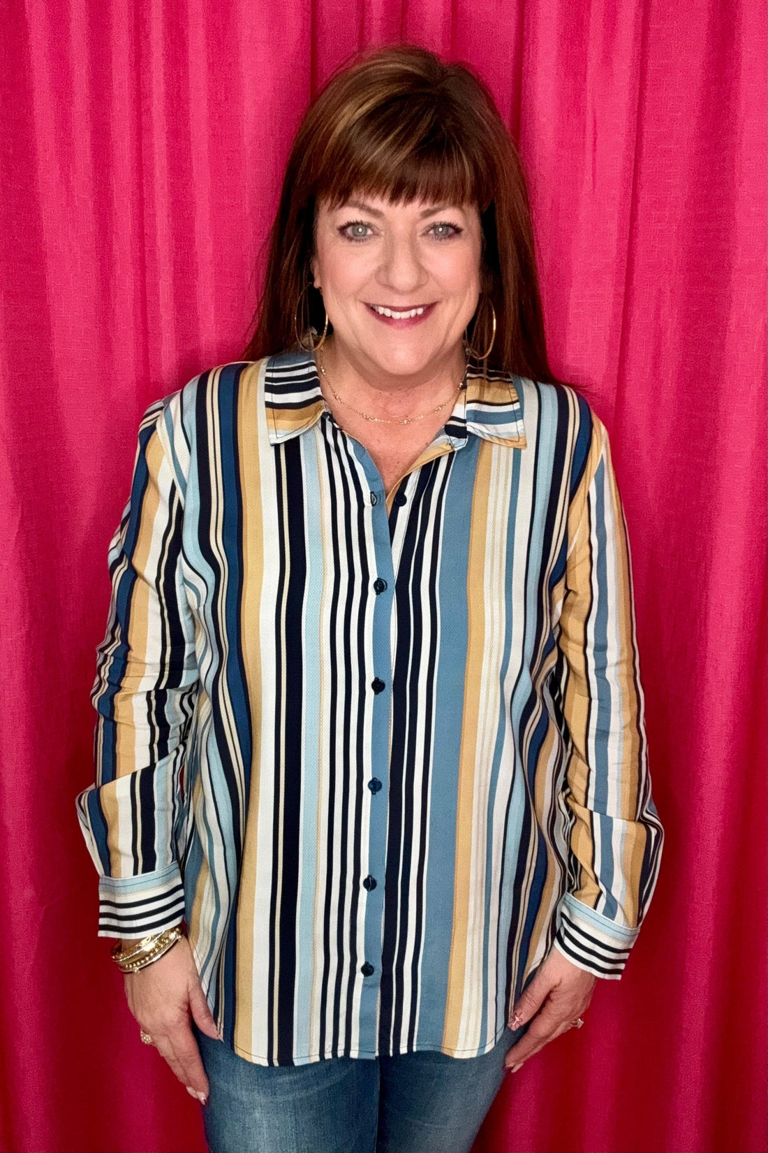 Long Sleeve Button Front Striped Top MISSY TOP SPECIAL LIVERPOOL