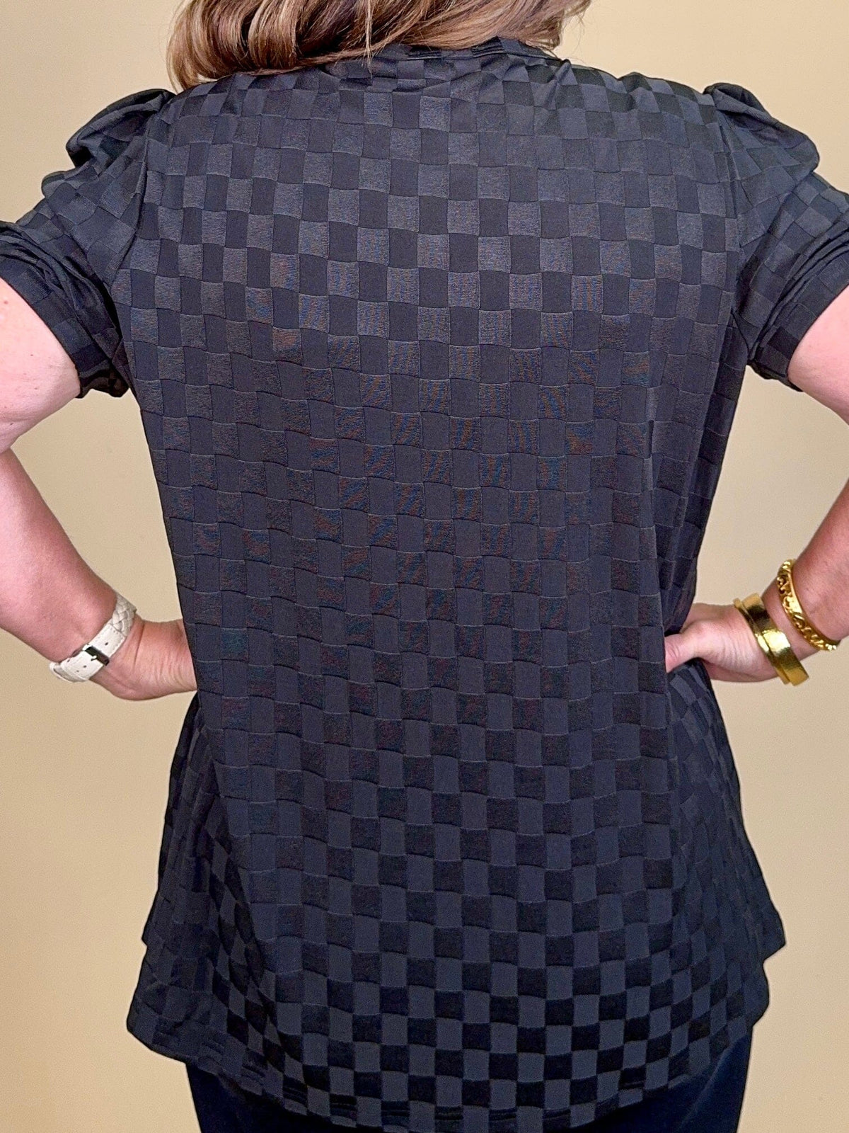 Black Checkered Puff Sleeve Top JRTOP CASUAL TOP:~~Unassigned~~ YOURFASHIONWHOL