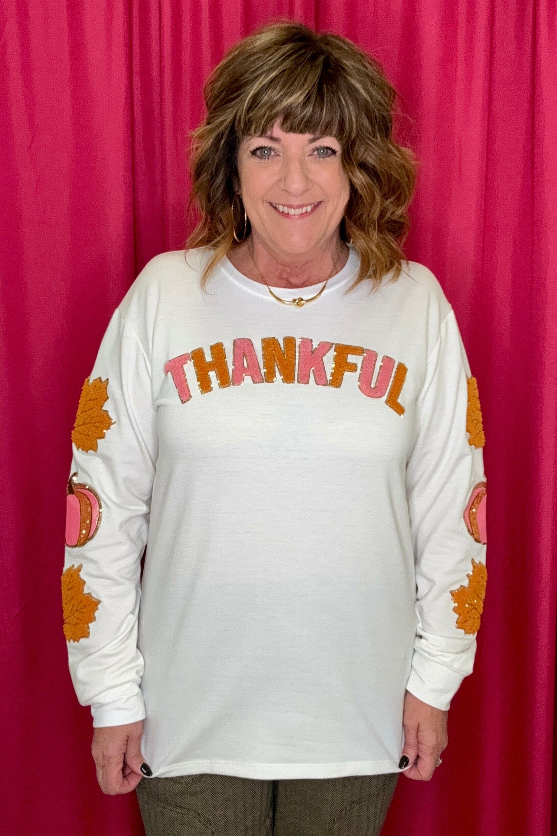 Thankful Chenille Patches Sweatshirt JRTOP CASUAL TOP SOUTHERN GRACE