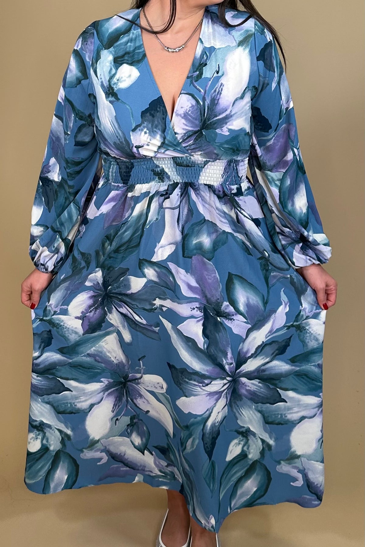 Long Sleeve Printed Dress w/Smoked Waist