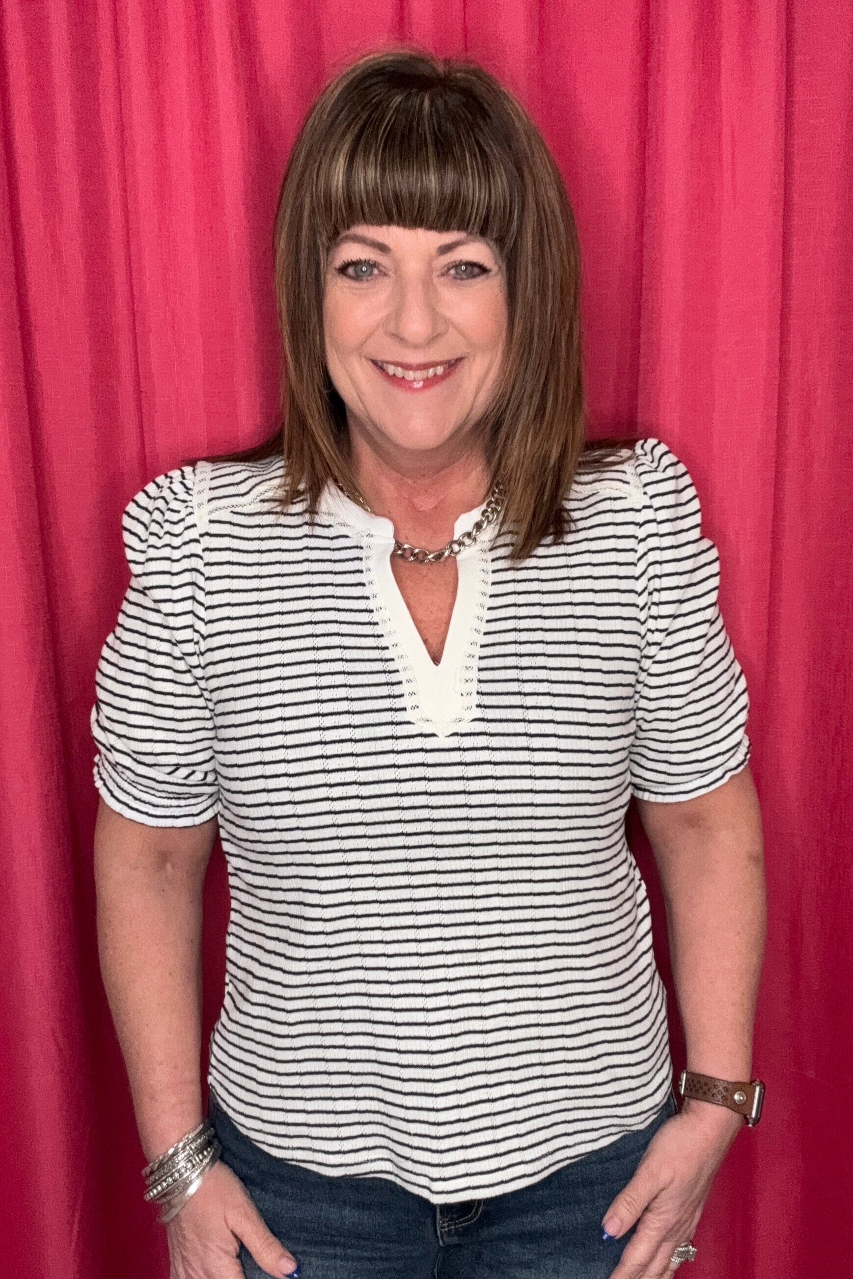 Elbow Puff Mandarin Collar Half Placket Shirttail Hem Knit Top MISSY TOP SPECIAL DEMOCRACY NAVY/WHITE XS