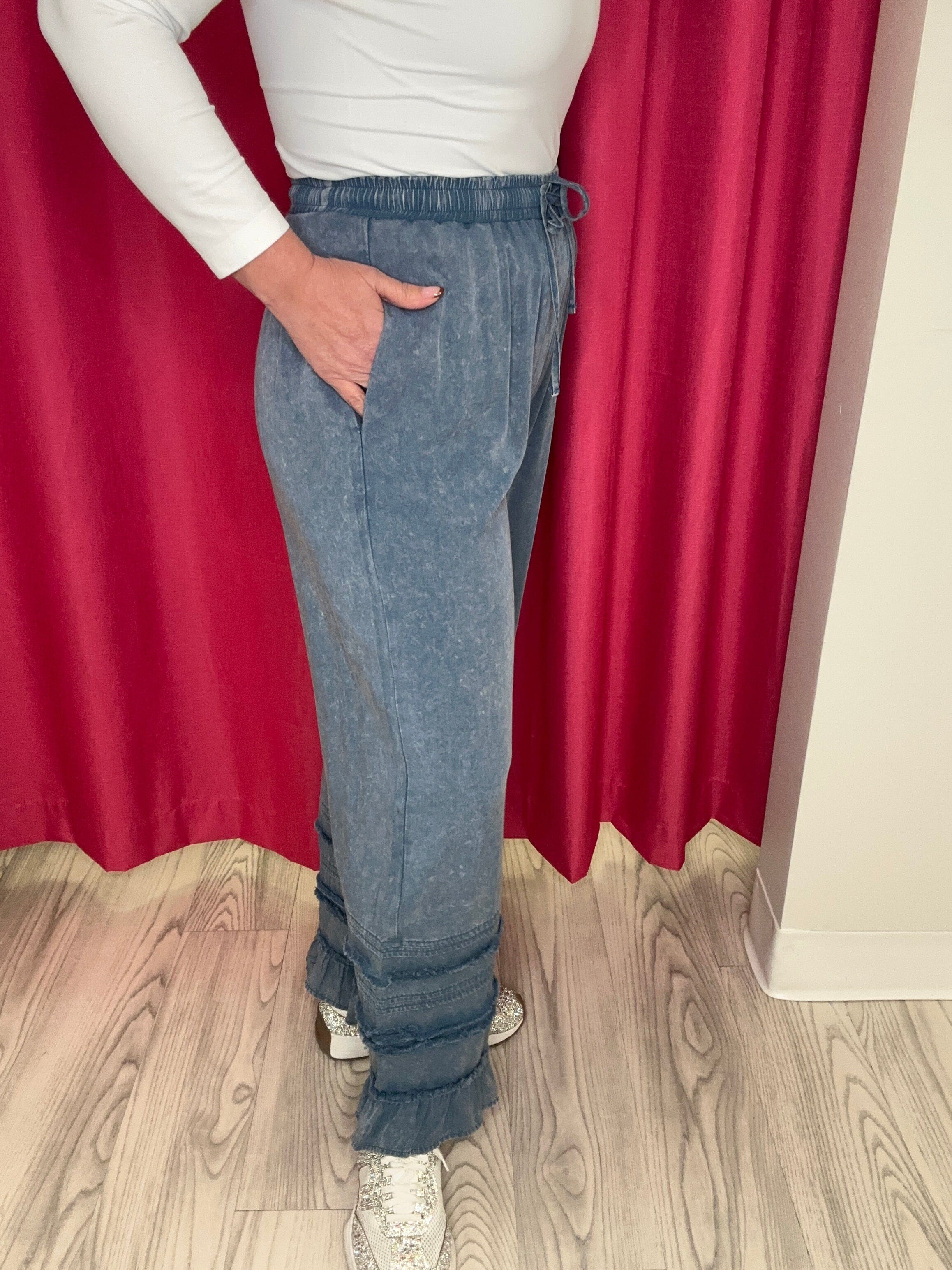 Elastic Waist Band w/String & Ruffle Bottom Pants BOTTOMS BLUEVELVET