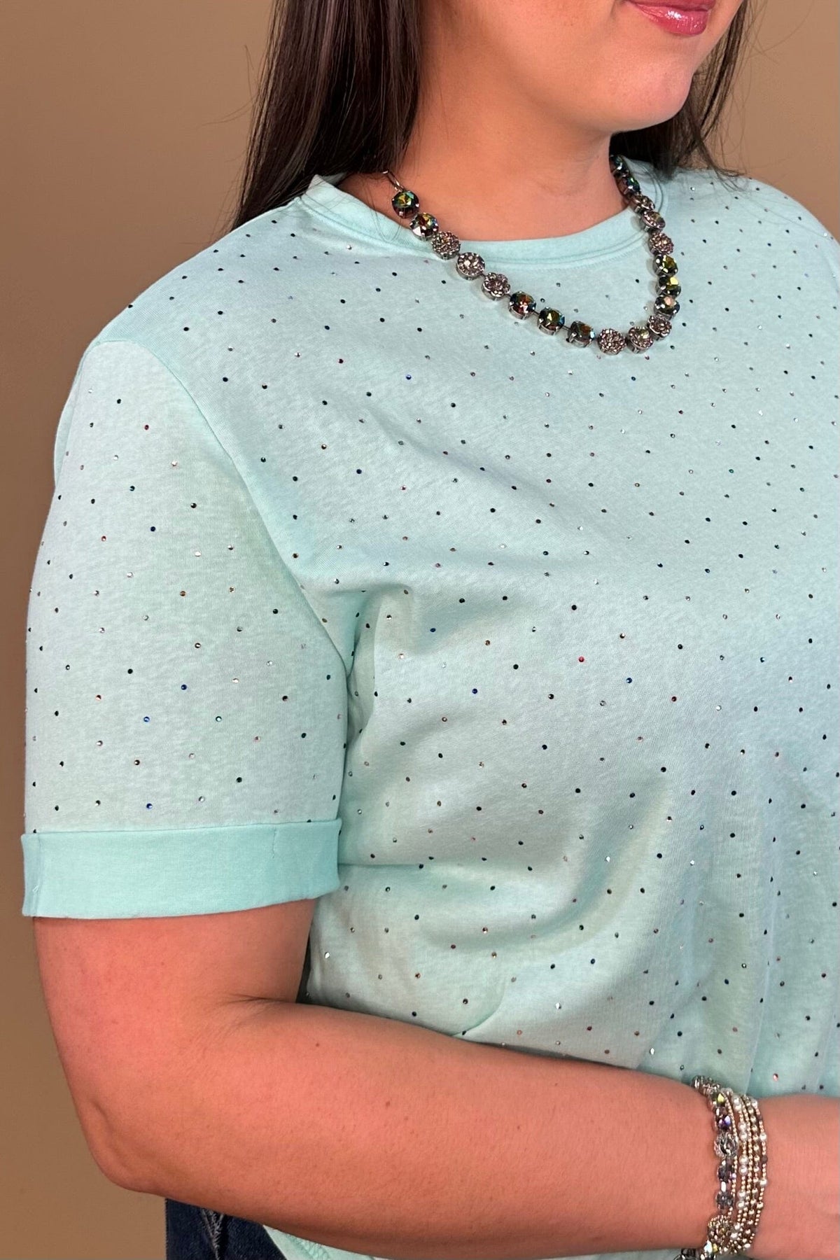 Short Rolled Sleeve Tee w/Colored Rhinestones JRTOP CASUAL TOP DAVI&DANI