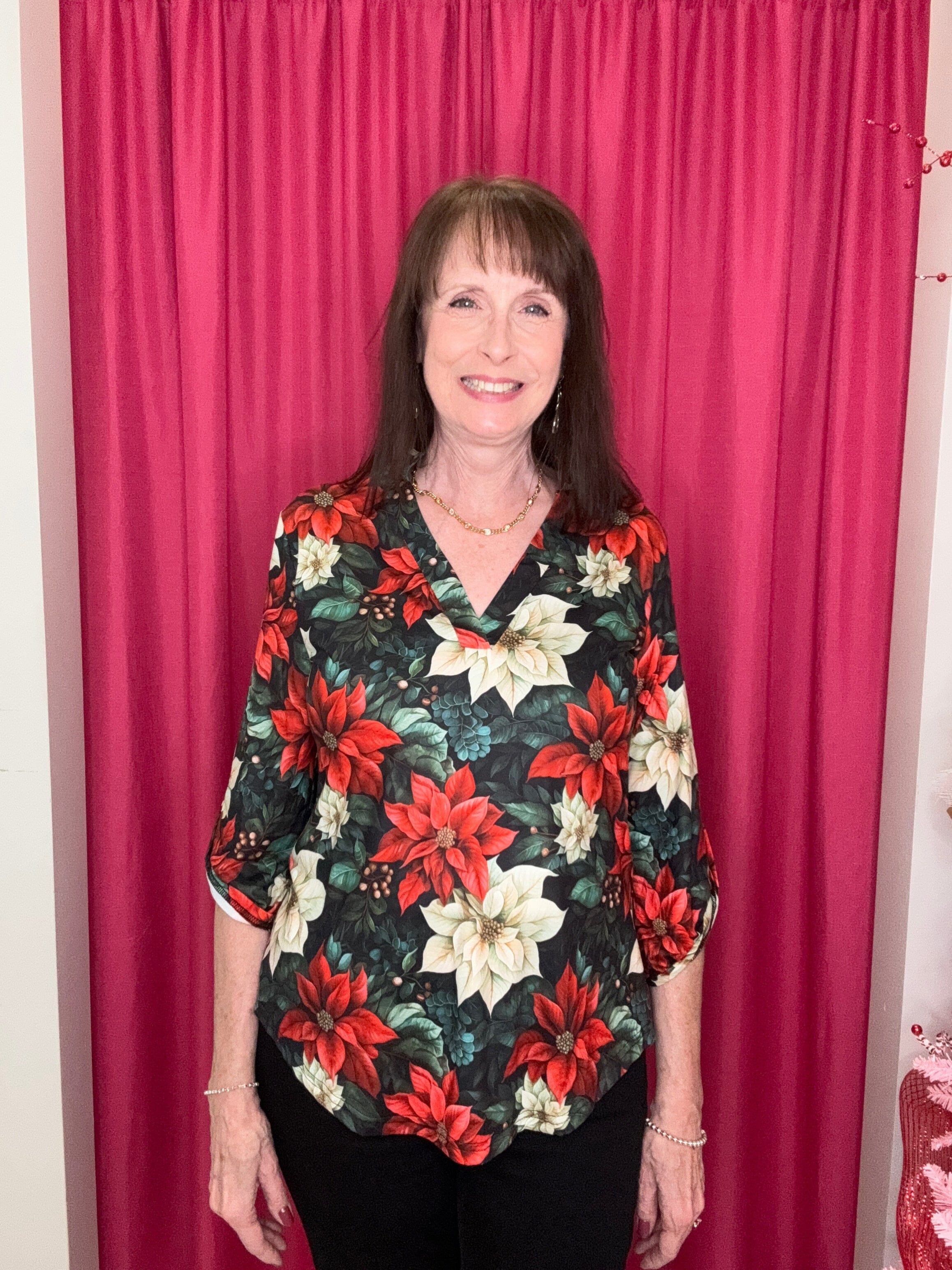 Printed Poinsettia Top w/Collar MISSY TOP SPECIAL STERLINGKREEK