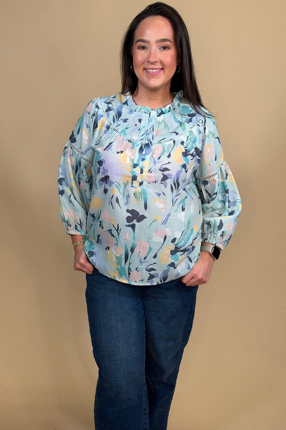 3/4 Sleeve Printed Top w/Ruffle Collar MISSY TOP SPECIAL KEREN HART