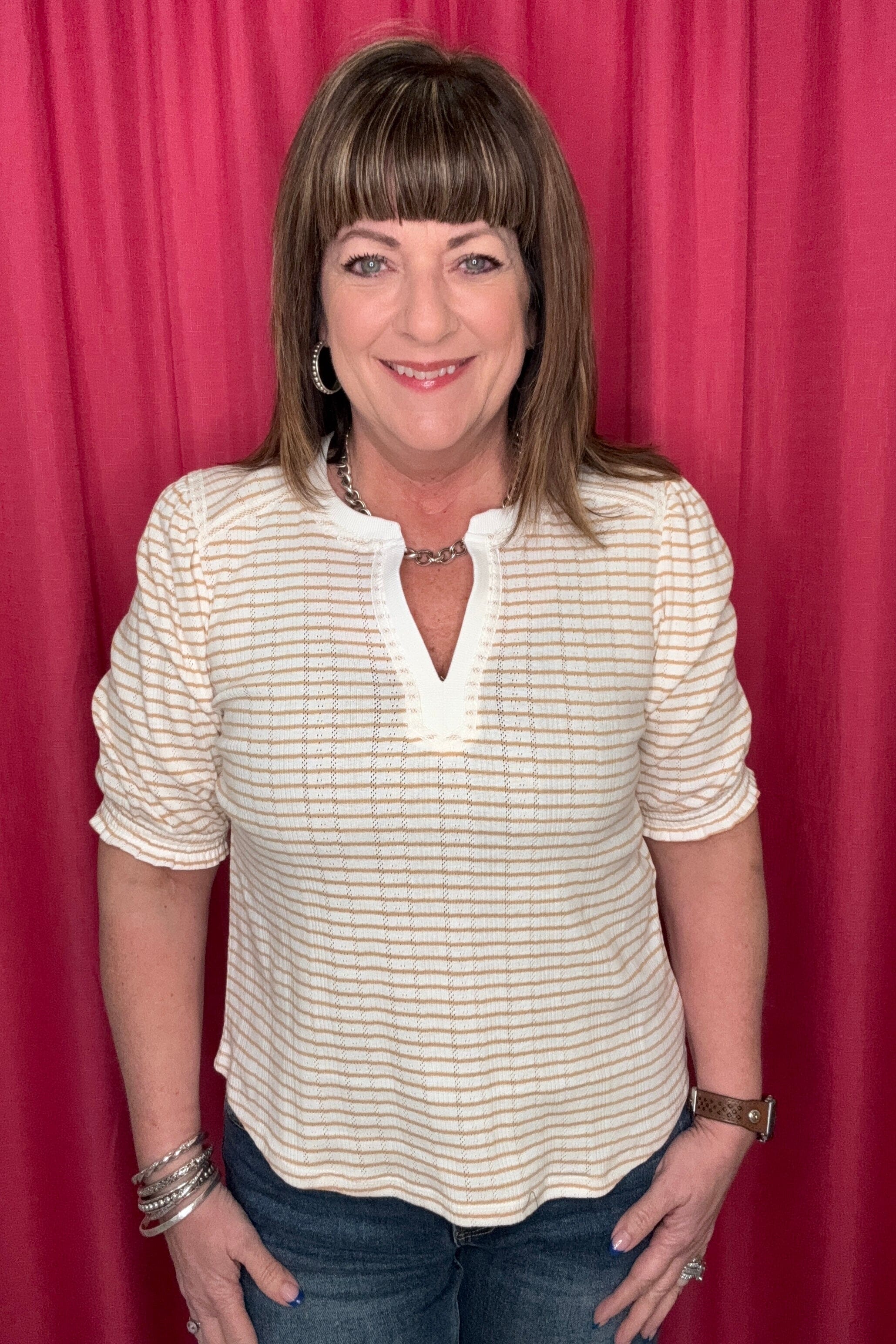 Elbow Puff Mandarin Collar Half Placket Shirttail Hem Knit Top MISSY TOP SPECIAL DEMOCRACY HONEY/OFFWHT L