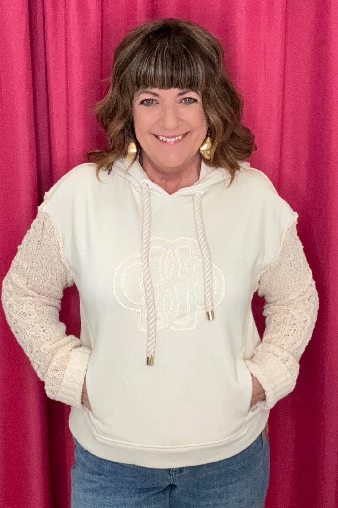 Long Sleeve Mix Media Hoodie w/Ties JRTOP CASUAL TOP DEMOCRACY