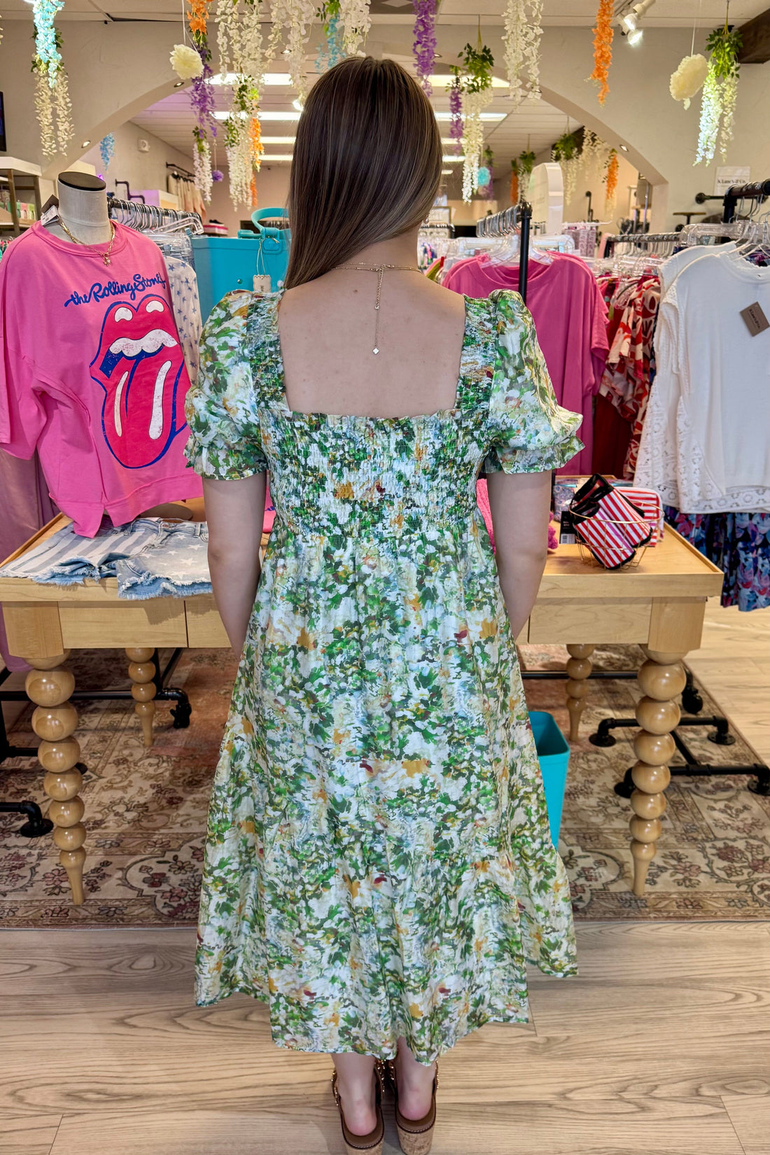 Printed Chiffon Smocked Babydoll Midi Dress DRESS ALLIE & ROSE